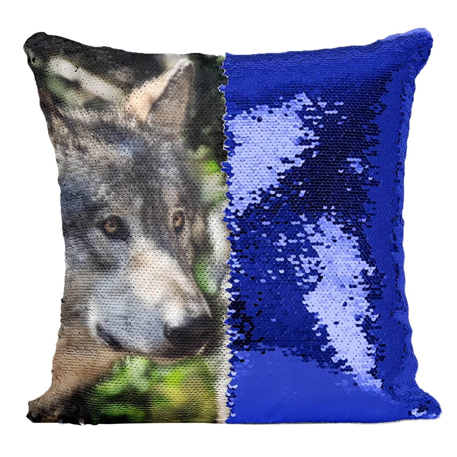 Coussin loup bleu à paillettes pour moderniser un canapé terne facilement