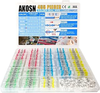 455PCS Heat Shrink Solder Seal Butt Connectors Kit - Waterproof Wire Splices 26-10 AWG, 5 Sizes/Colors for Marine Automotive Electrical