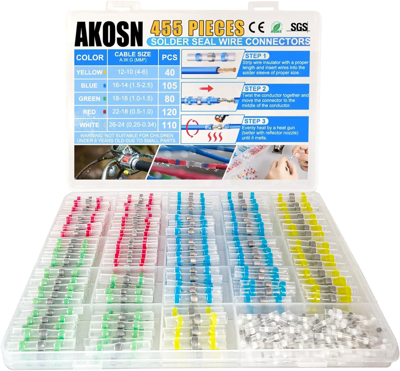 455 PCS Heat Shrink Self Soldering Butt Connector, Solder Seal Wire Connectors Kit, Waterproof Wire Solder Stick Splice Connector for Marine Electrical Automotive (5 Colors/5 Sizes/ 26-10 Gauge)