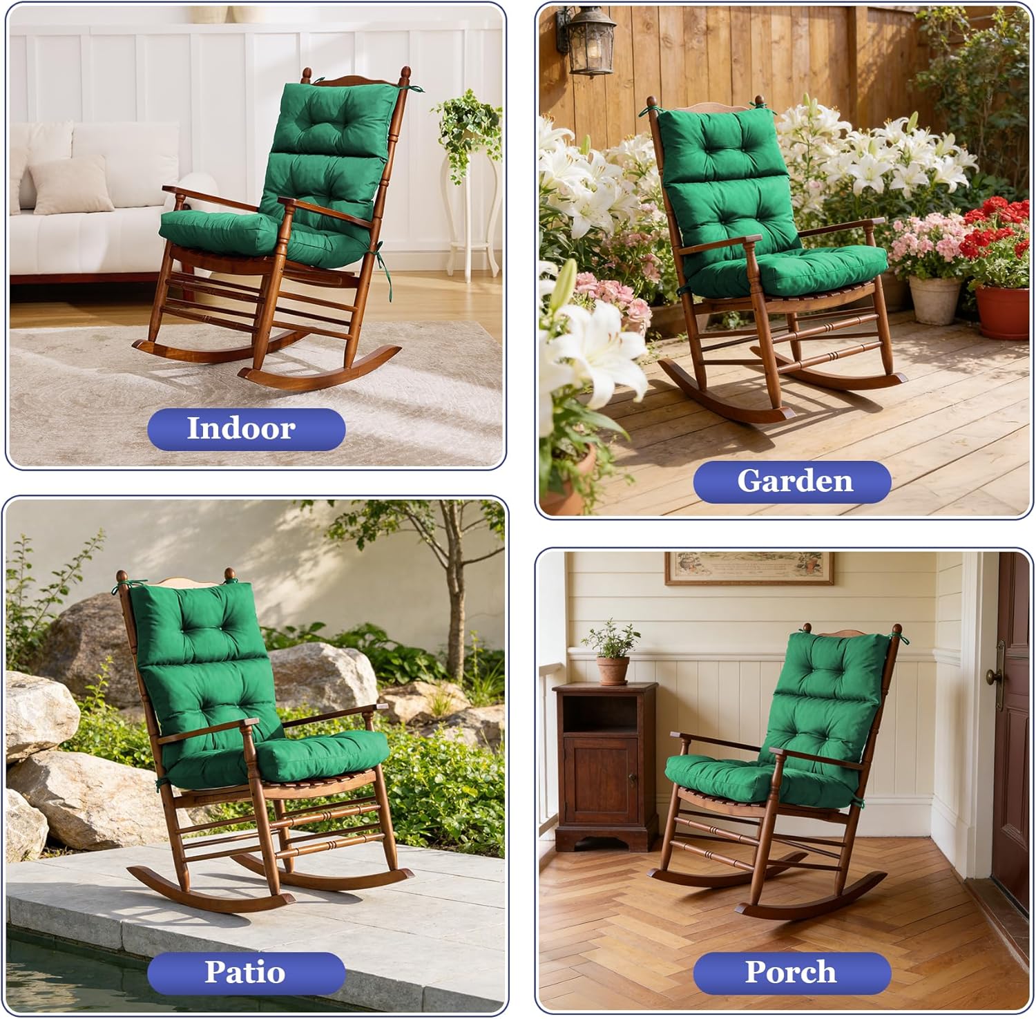 Rocking Chair Cushion, Waterproof and Fade-Resistant Adirondack Rocker Cushions, Indoor/Outdoor Rocking Chair Pads, High Back Memory Foam Patio Furniture Cushions with Ties, 44x23x4 Inch, Dark Green