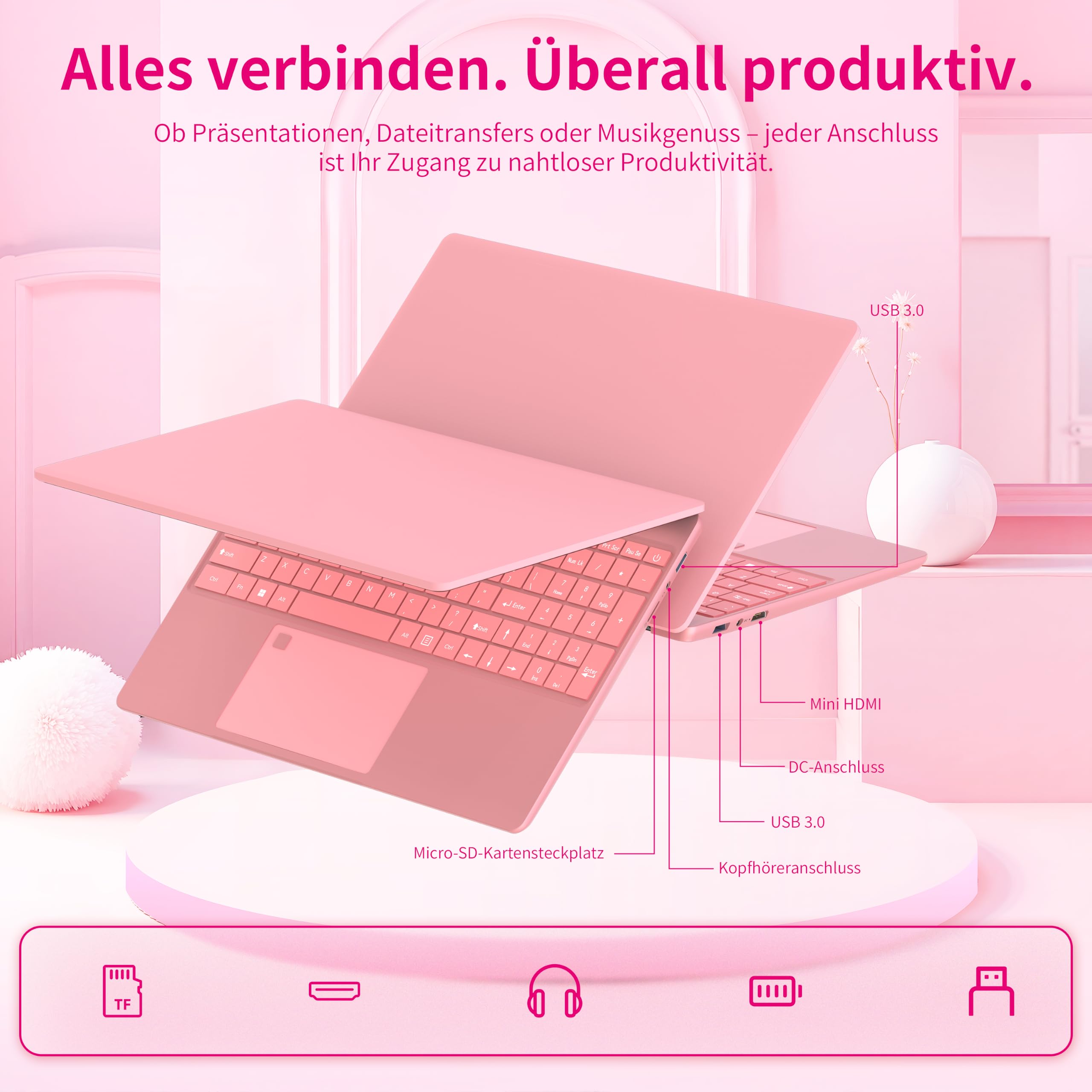 Amita Rosa Laptop 15,6 Zoll Full HD, 16 GB RAM, N95 Prozessor, Notebook mit beleuchteter Tastatur und Nummernblock, WiFi 5/BT 4.2, Mini HDMI (16GB RAM | 1TB SSD)