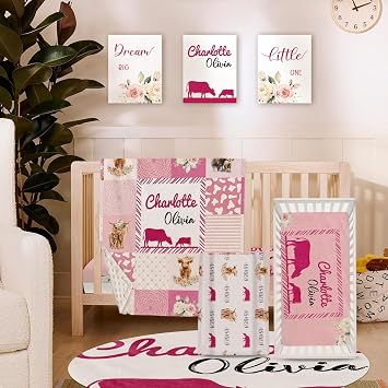 TOOTANN Custom Baby Crib Bedding Set, 5 Pcs Personalized Name Baby Crib Sheets for Kid Toddler Infant, Pink Background Highland Cow Plaid Pattern Nursery Bedding Set