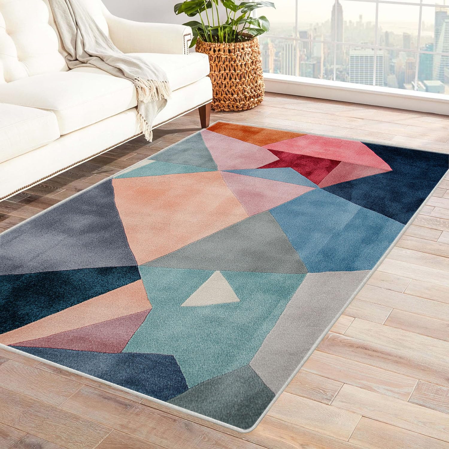 Waschbare Teppiche Abstrakter Patchwork-Druck Teppich, Wohnzimmer Teppich, Teppiche Wohnzimmer Bunt, Carpet Bedroom, Zimmer Deko.(blau)-180x240cm