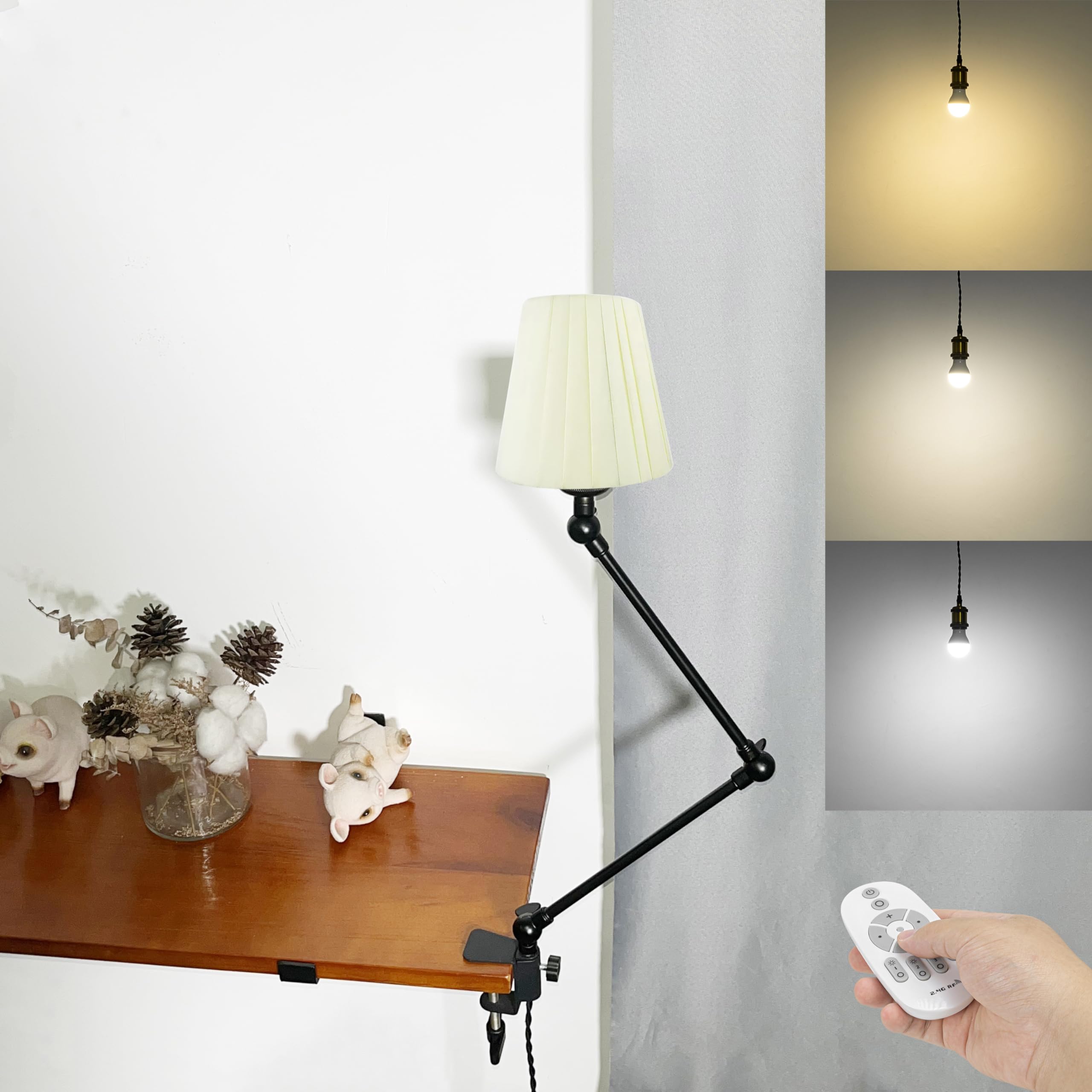 Klemmleuchte mit Fernsteuerung,1 Packung Leselampe mit 2,5 m Kabel, Dimmbar Nachttischlampe,Augenpflege Schreibtischlampe für Büro Heimgebrauch, E27 Lampenhalterung - DZ0330/3