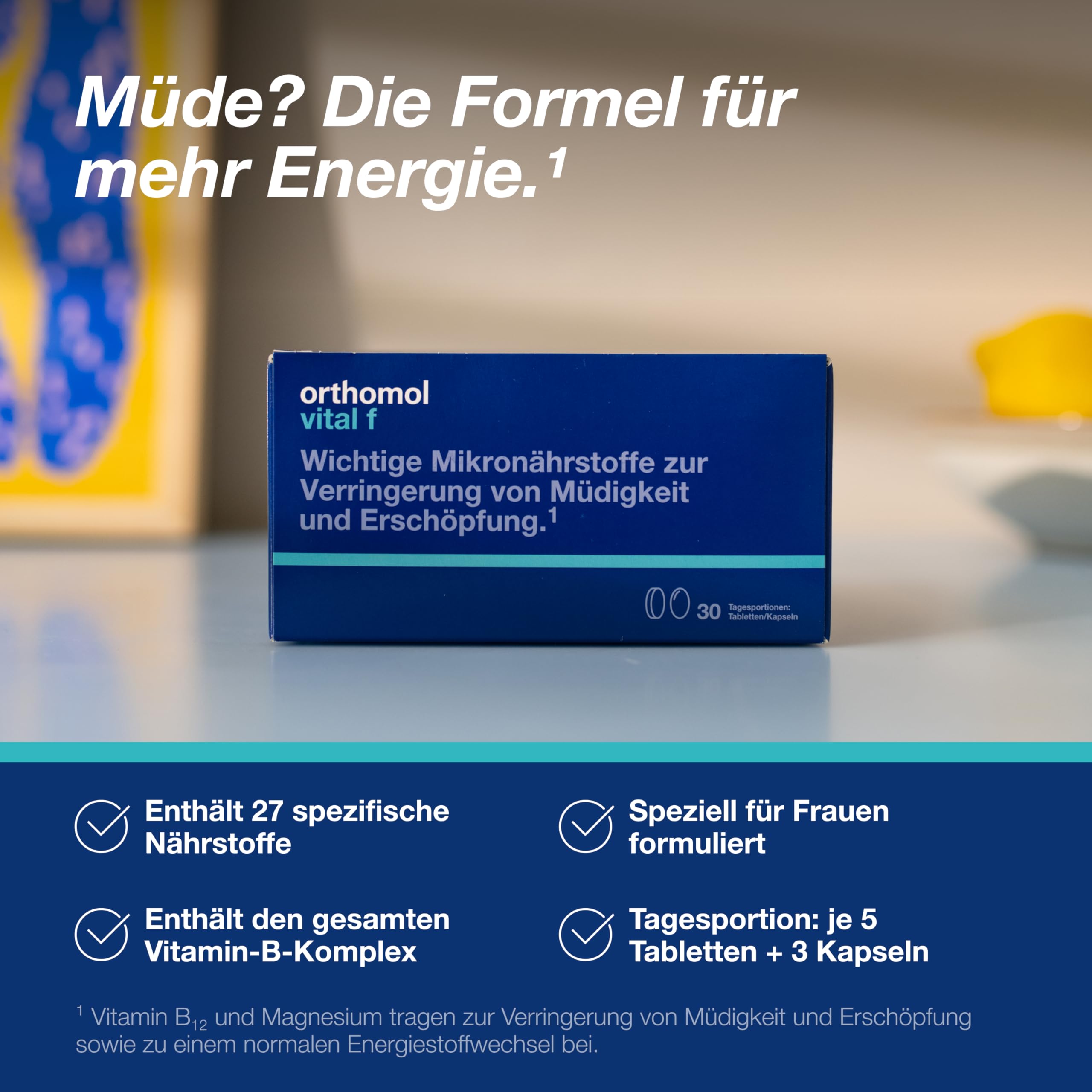Orthomol Vital f - Mikronährstoffe für Frauen - bei Müdigkeit und Erschöpfung - mit B-Vitaminen, Omega-3-Fettsäuren, Magnesium - Tabletten/Kapseln à 30 x Tagesportionen