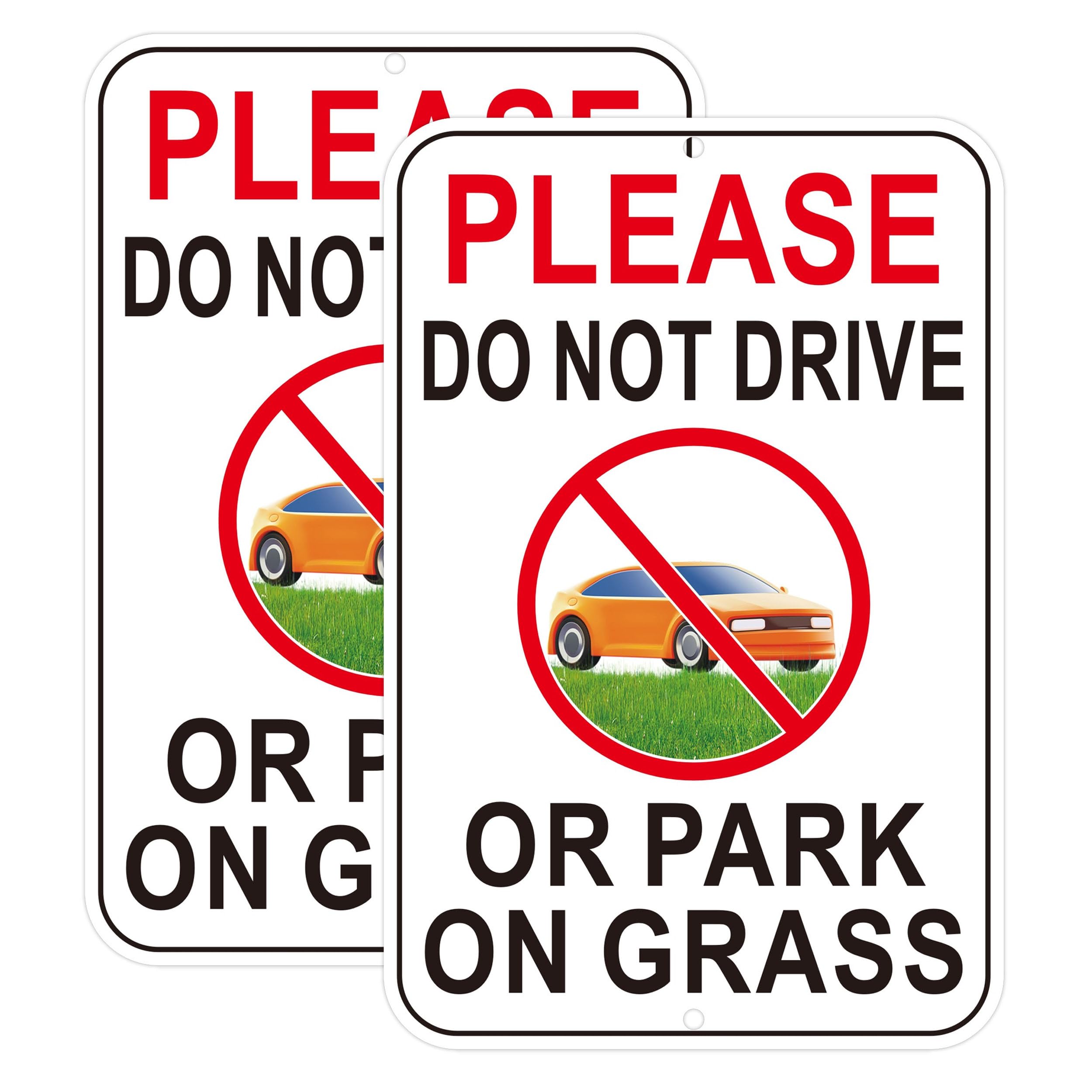 Please Do Not Drive or Park on Grass Sign, Aluminum, 12x8 Inch, Rust-Free, Outdoor Warning Signs, White with Red and Black Text, 2 Pack