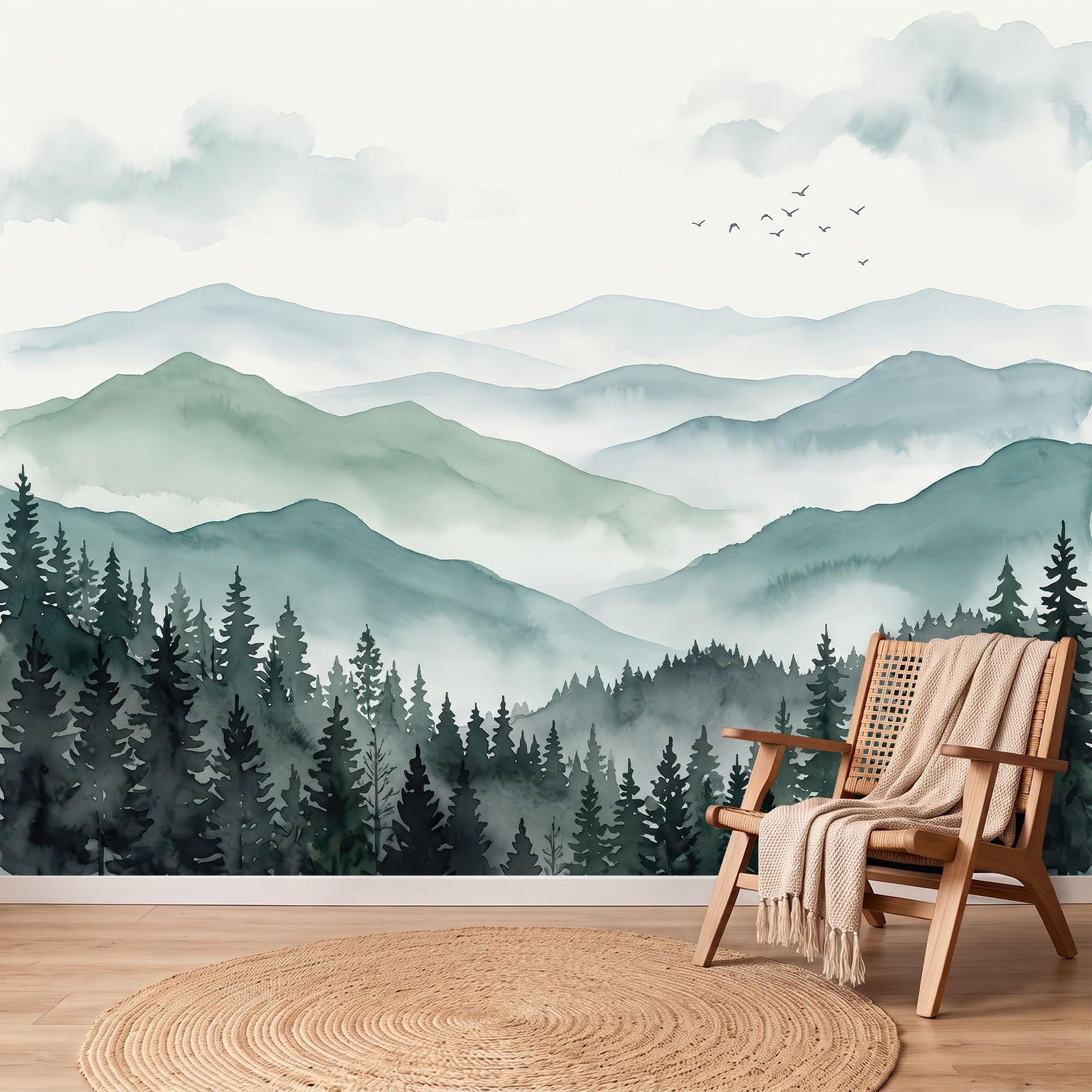 Panoramiczna tapeta 350 x 256 cm, tapeta z rustykalnym krajobrazem góry dżungla sosny ptaki, fototapeta z włókniny - dekoracja ścienna do salonu, sypialni, biura lub pokoju dziecięcego