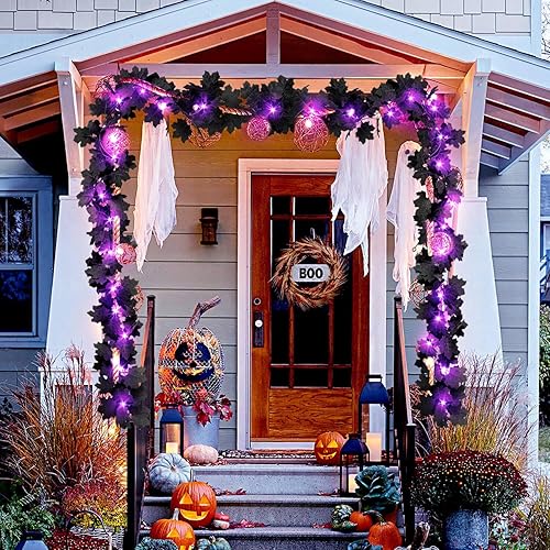 Miniatura 6 de Guirnalda de hojas negras con luces moradas, paquete de 2 enredaderas artificiales colgantes de hojas de otoño con 20 LED, guirnaldas florales de
