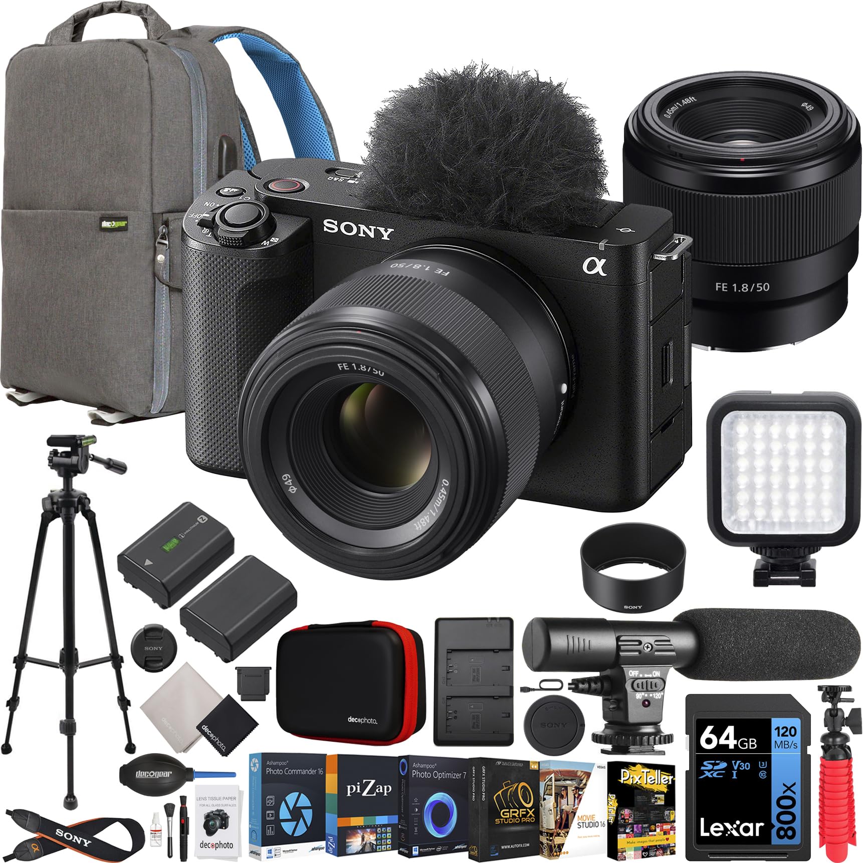 Sony ZV-E1 Full Frame Mirrorless Vlog Camera Body + FE 50mm F1.8 Full Frame E-Mount Lens ILCZV-E1/B Black + SEL50F18F Bundle with Deco Gear Backpack + Tripod + 2 Battery, LED and Kit Accessories