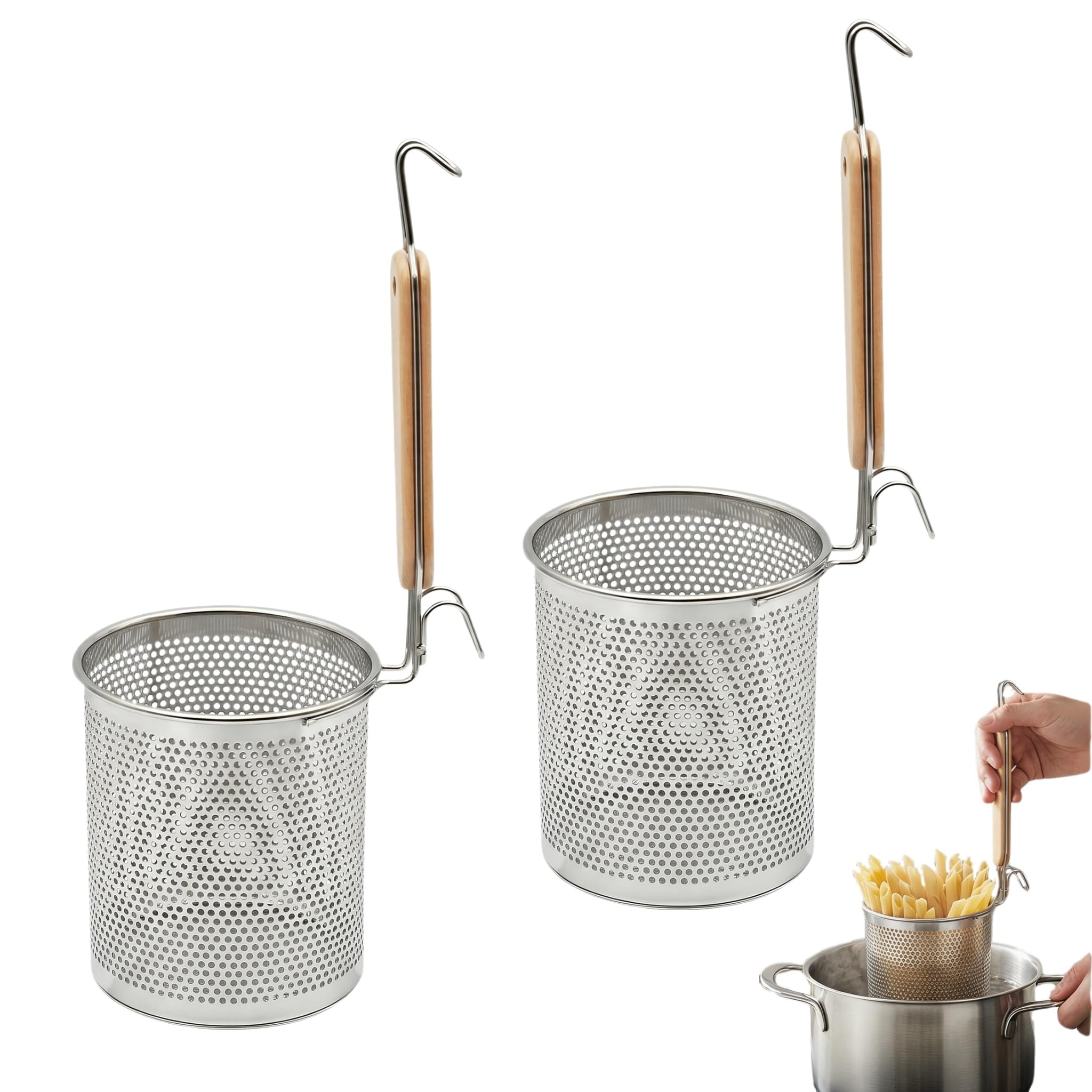 Pasta Strainer, 2Pcs Pasta Strainer Basket, 39 x 14 x 14 cm Proxy Sieve Stainless Steel with Wooden Handle for Filtering Noodles Fried Foods Soups (Sliver)