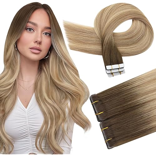 Full Shine Injection Tape in Hair Extensions Human Hair Color 3/8/22 Balayage Virgin Extensions 16Inch Invisible Tape in Human Hair Extensions Machine Remy Tape ins 20Gram 10Pcs For Women