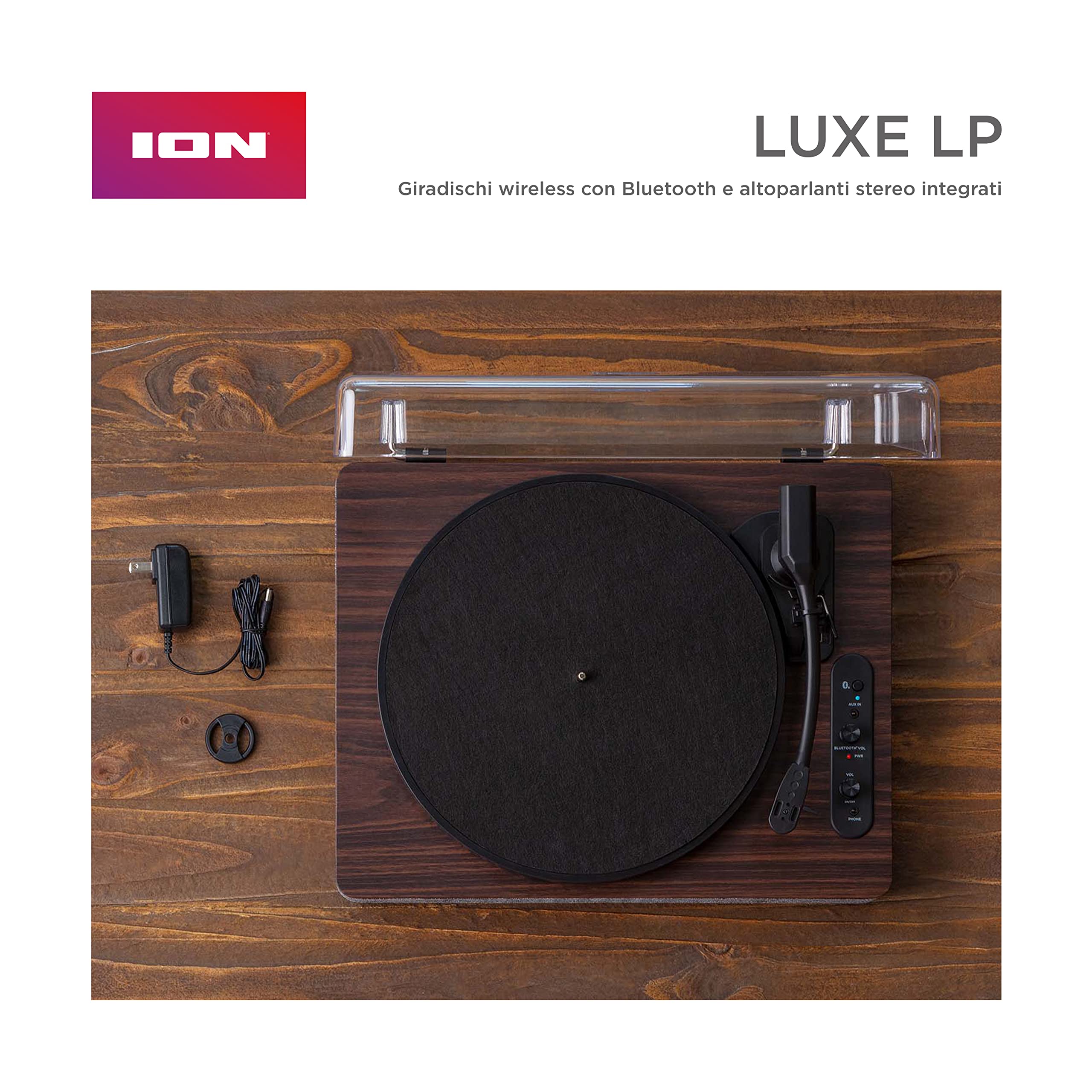 ION Audio Luxe LP - Giradischi Vinili Bluetooth con Casse, Conversione USB, Piatto Full Size, Funzione Auto-Stop, Uscita Cuffie e 3 Velocità, Marrone | Conversione USB, piatto di dimensioni intere, arresto automatico, uscita cuffie, 3 velocità