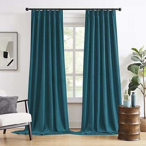 Miniatura 52 de DUALIFE Cortinas opacas plisadas dorado tostado de 138 pulgadas de largo, pestaña trasera con ganchos, cortina de riel de lino con aislamiento