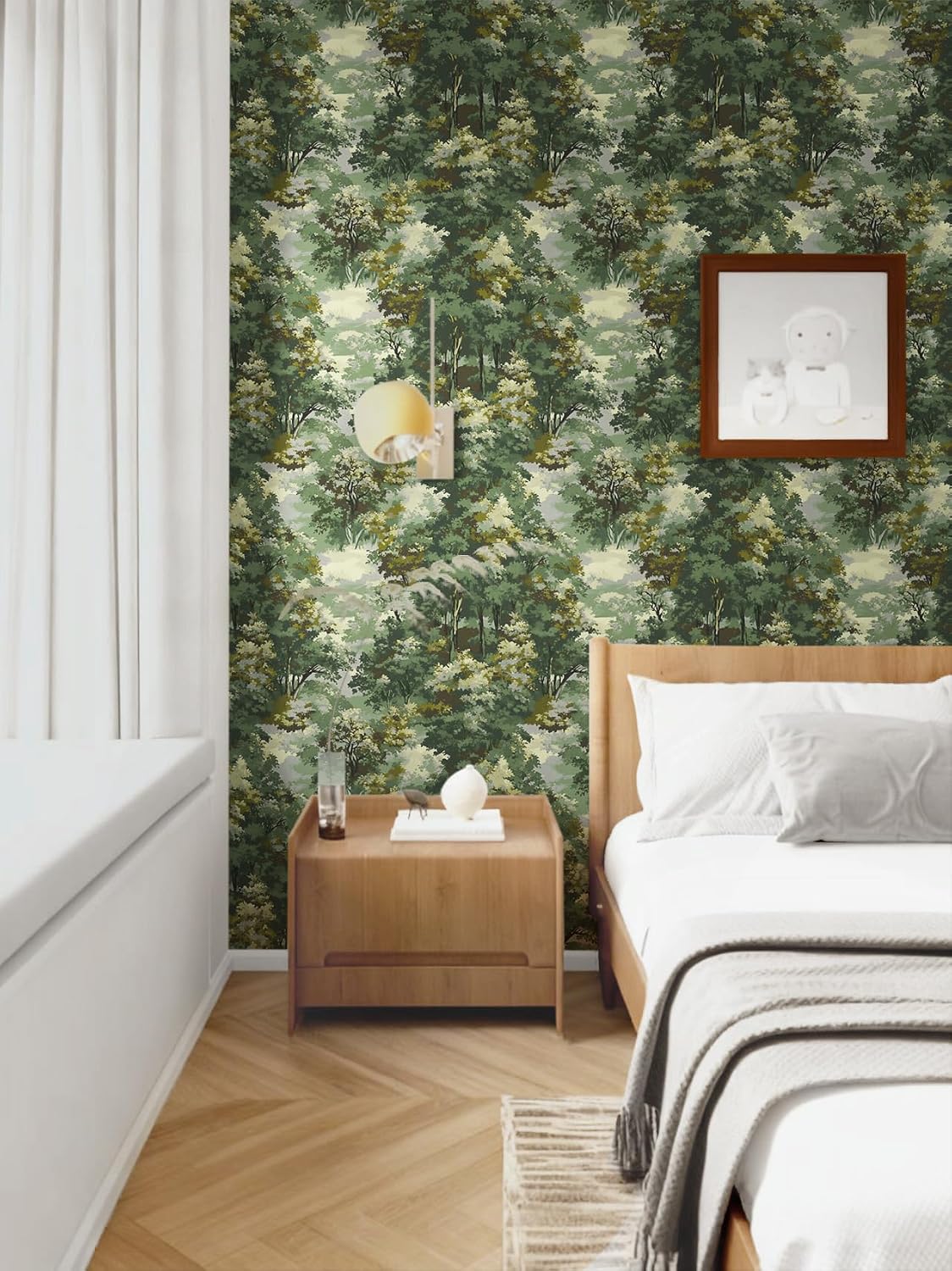 Forest Peel and Stick Wallpaper Green Contact Paper Tree Wall Paper Woodland Botanical Wallpapers Self-Adhesive Removable Waterproof for Bedroom Bathroom Cabinet Vinyl 17.3" x 197"