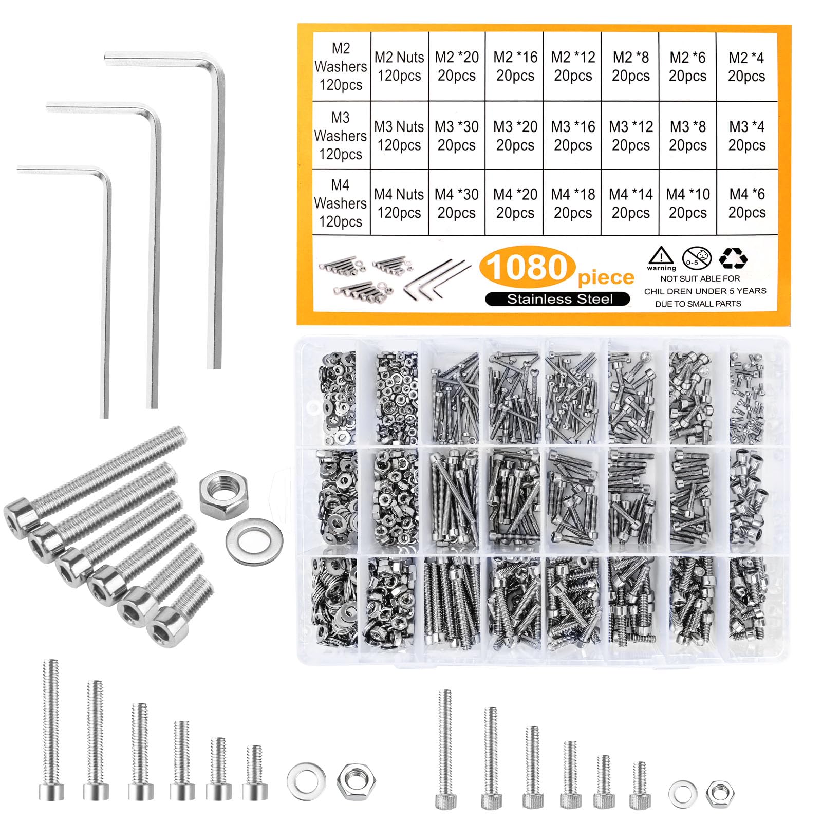 Kit Viti A Brugola M2 M3 M4 - 1080 Pezzi, Acciaio Inox, Con Dadi E Rondelle, Scatola Portaoggetti - Foto 8