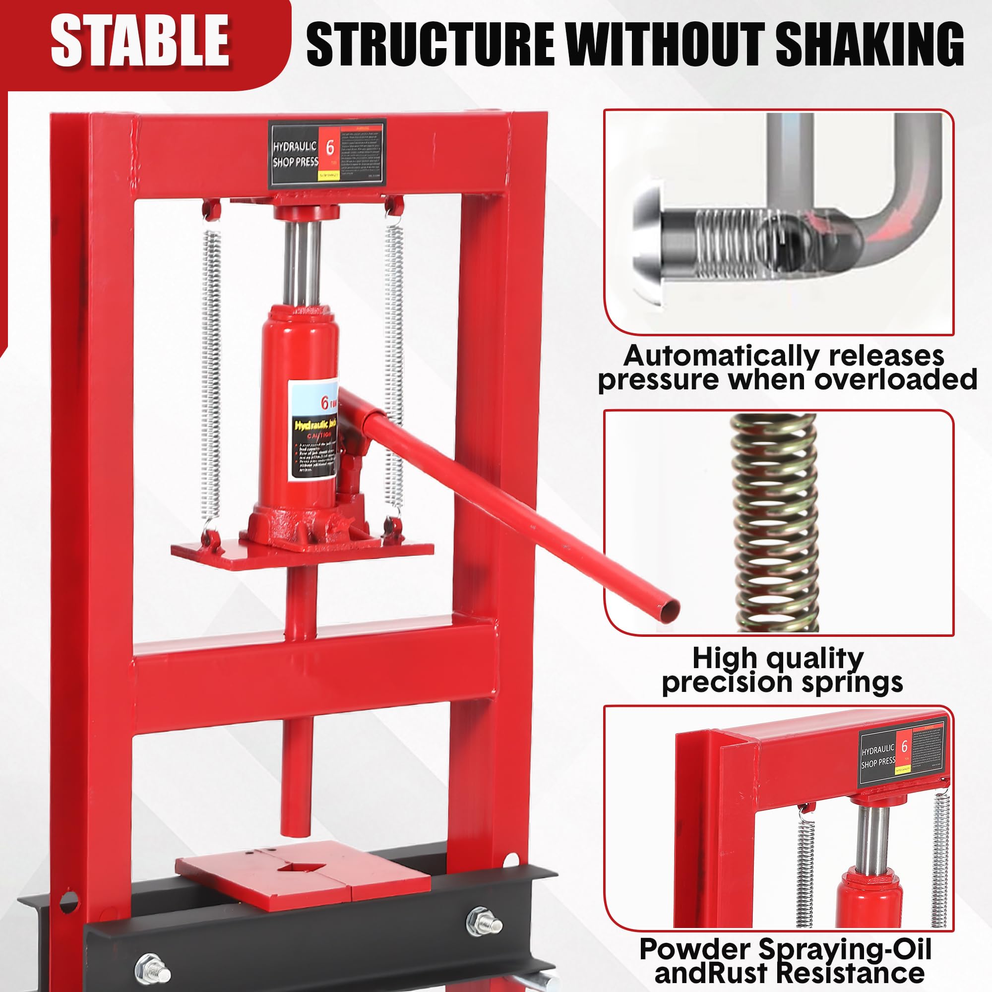 Pressa Idraulica da Officina 6T per Manutenzione Sistemi Frenanti Auto - Struttura H Pesante Regolabile - Piastre di Stampaggio Incluse - Ideale per Garage - Trave Nera, Struttura Rossa