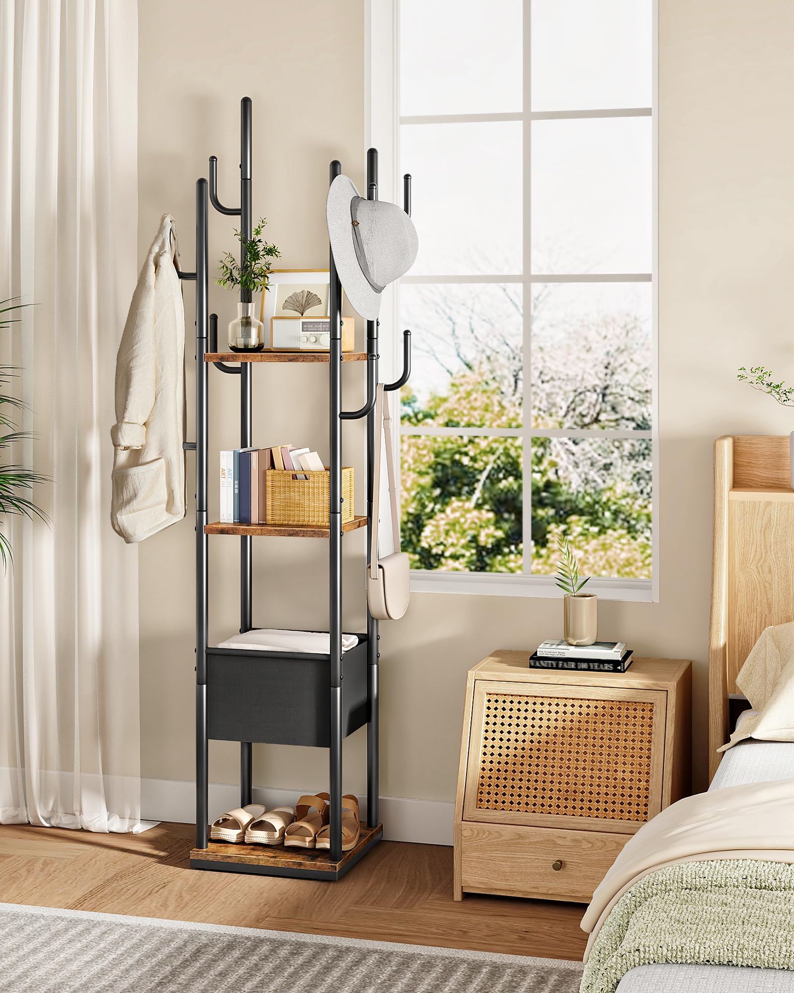 CHOEZON Kleiderständer, Garderobenständer mit Kleiderstange und Haken, Garderobe mit Ablagen, Vielseitiger Coat Rack, für Schuhe, Kleidung, Taschen, Hüte, Vintagebraun und Schwarz DTYM03BF