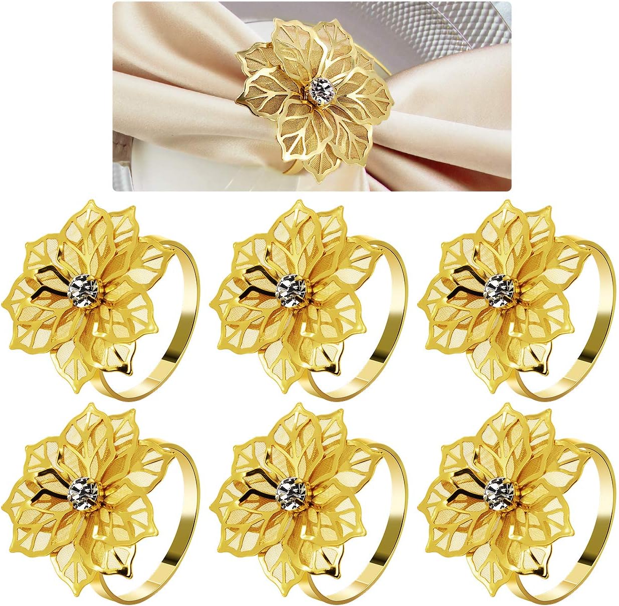 WANGCL Blumen-Serviettenringe Set - 6 Stück Silberne Metallringe Für Tischdeko