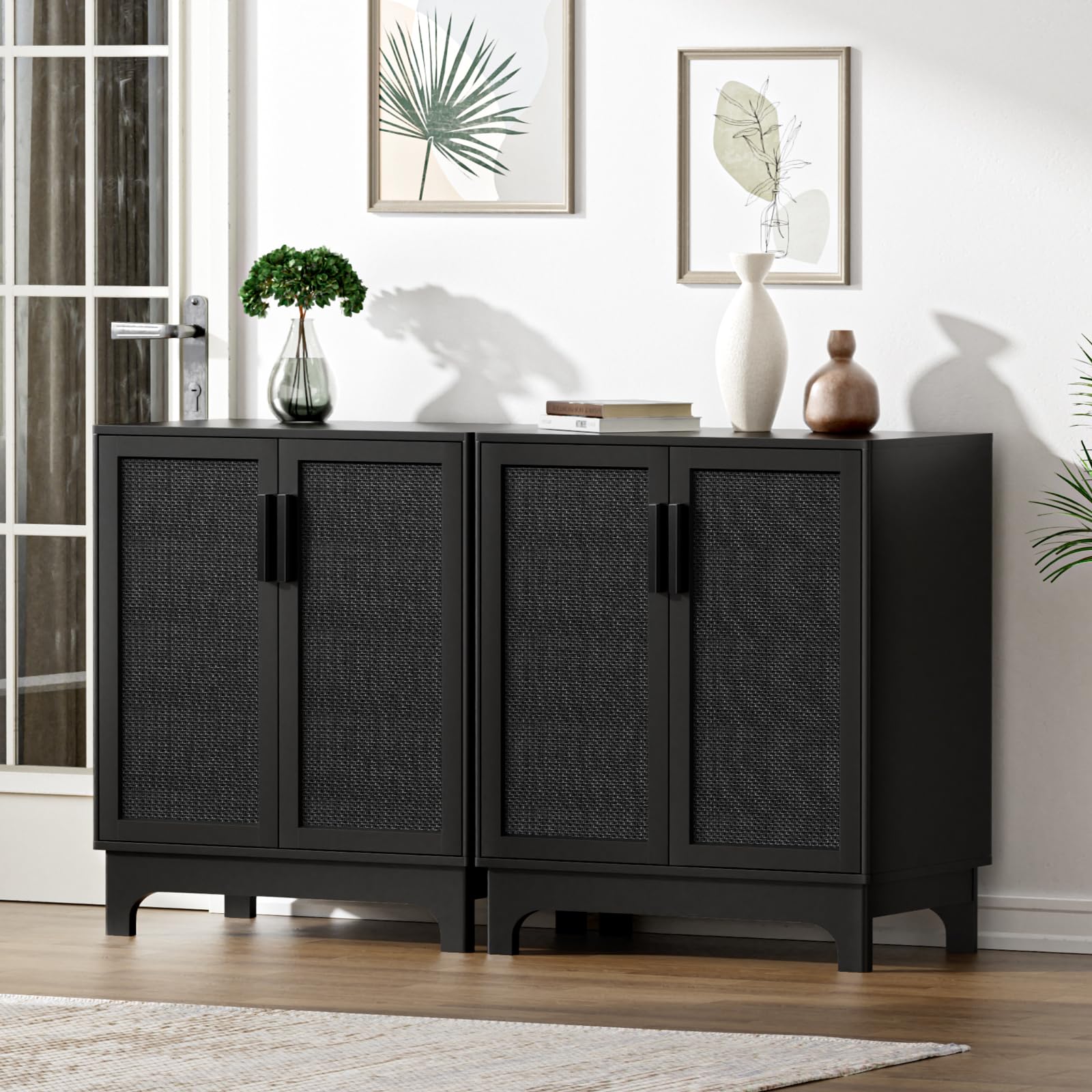 Noir Meuble de Rangement et Rotin, Buffet Salon Moderne avec Étagères Réglables, Meuble de Cuisine avec 2 Portes, Armoire de Rangement pour Salon, Cuisine, Chambre