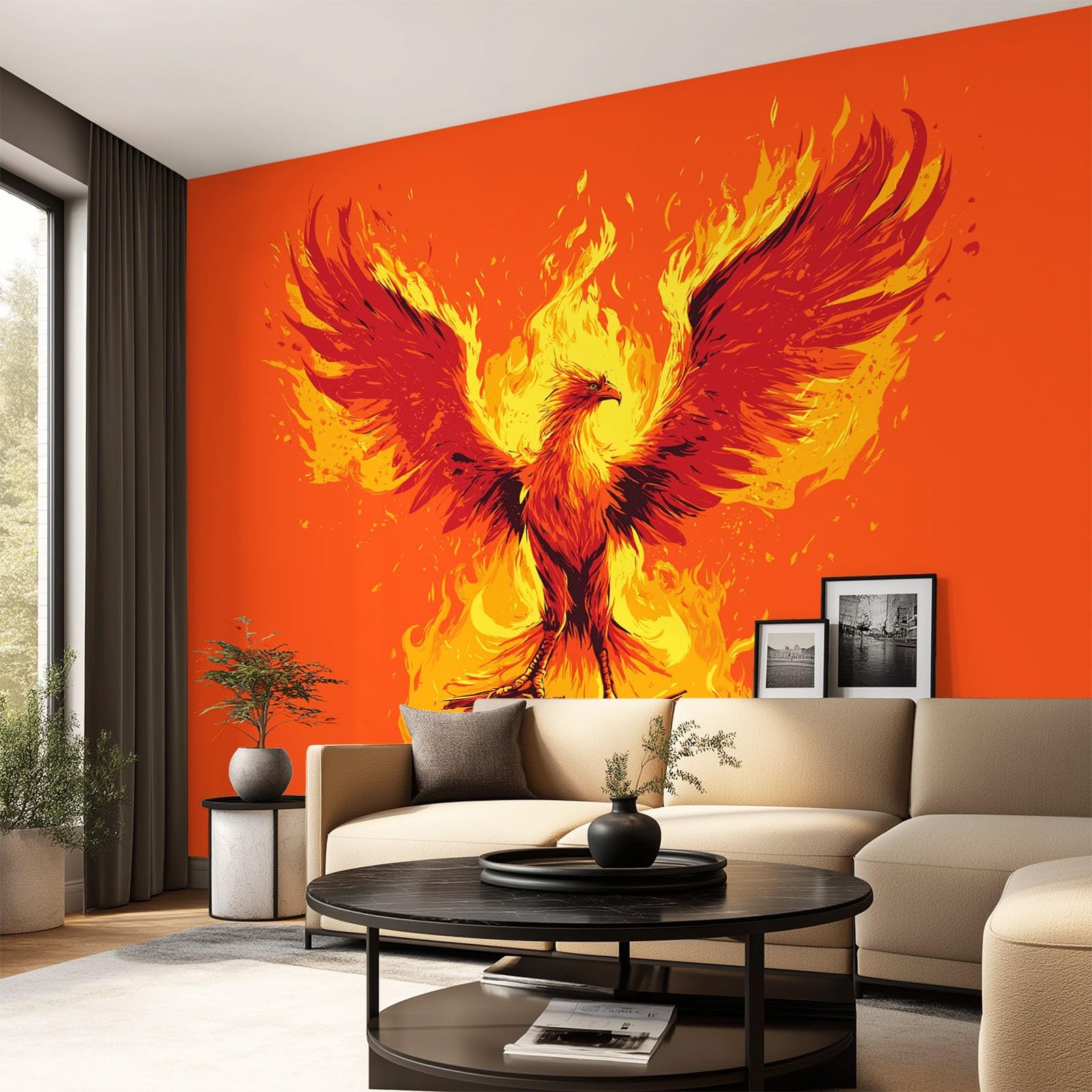 Tapeta płomień pomarańczowy czerwony feniks, panoramiczny fantazyjny orientalny ptak tapeta do salonu sypialnia biuro tło do przedpokoju, gobelin dekoracyjny 300 x 210 cm (szer. x wys.) Fototapeta