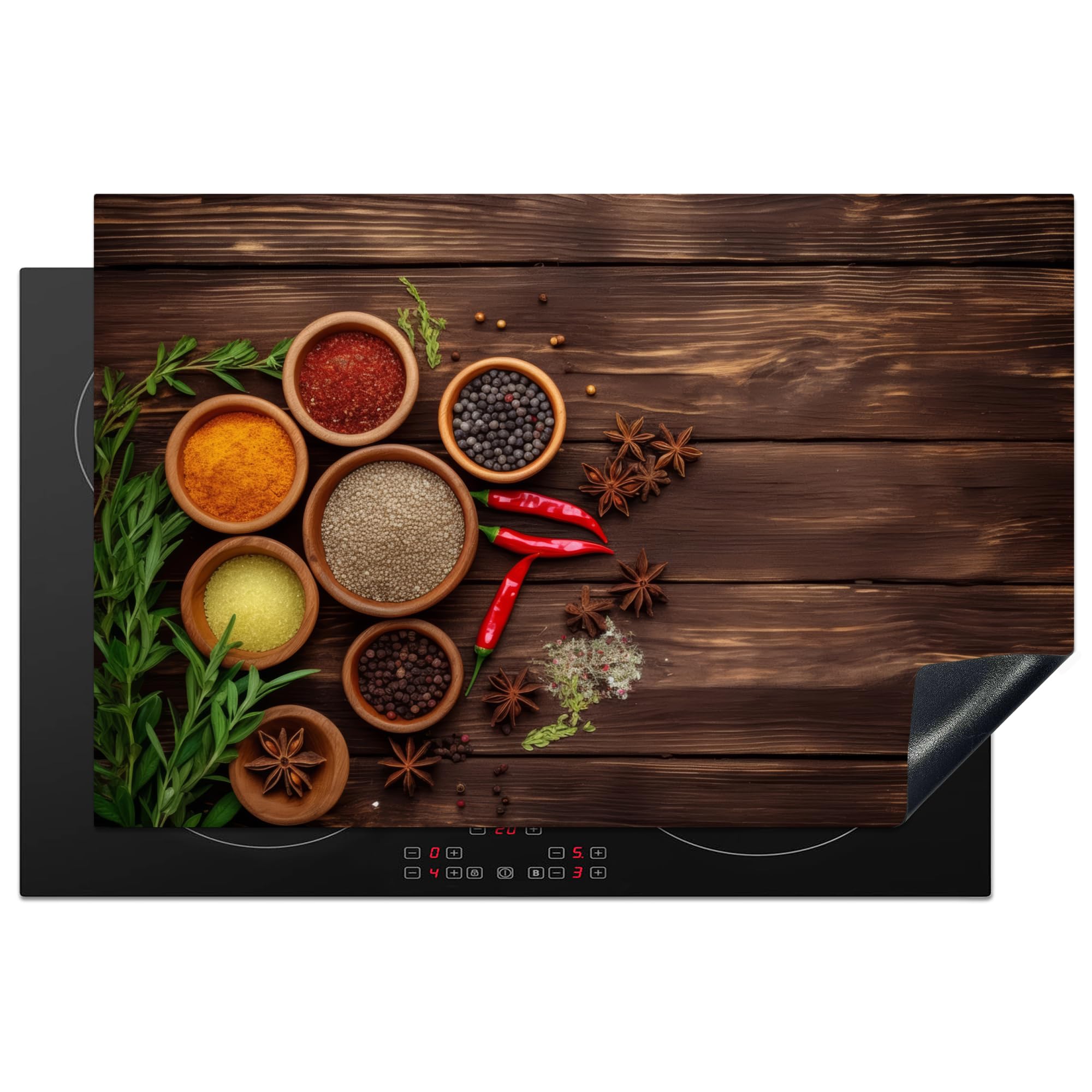 KitchenYeah© Induction Hob Protector Mat 20.5"x31.9" / 81x52 cm Cooker Top Protectors Cover Ceramic Covers Electric Hobs Vinyl Herbs - Spices - Red Pepper - Wood Print - Still Life