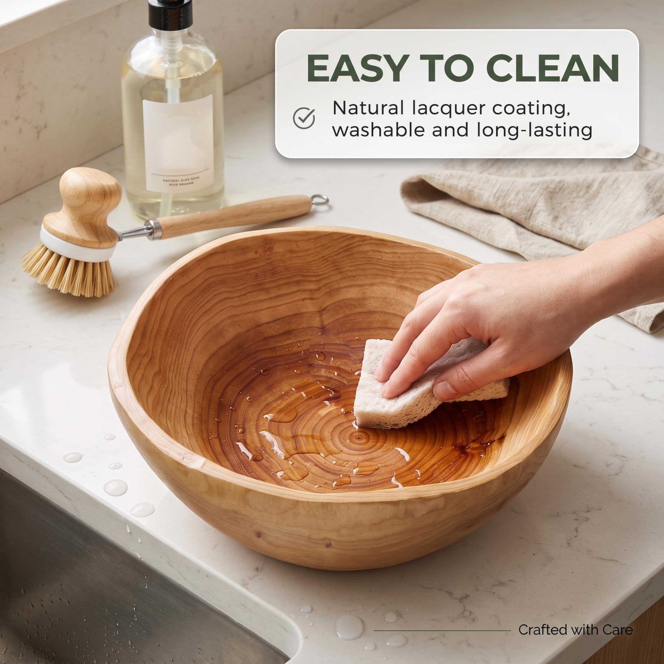 Bol en bois avec bol en bois enduit de grain naturel, 10-11 pouces | Lisse sans bord, construction robuste, lavage facile, convient aux fruits, salades, bijoux, clés.