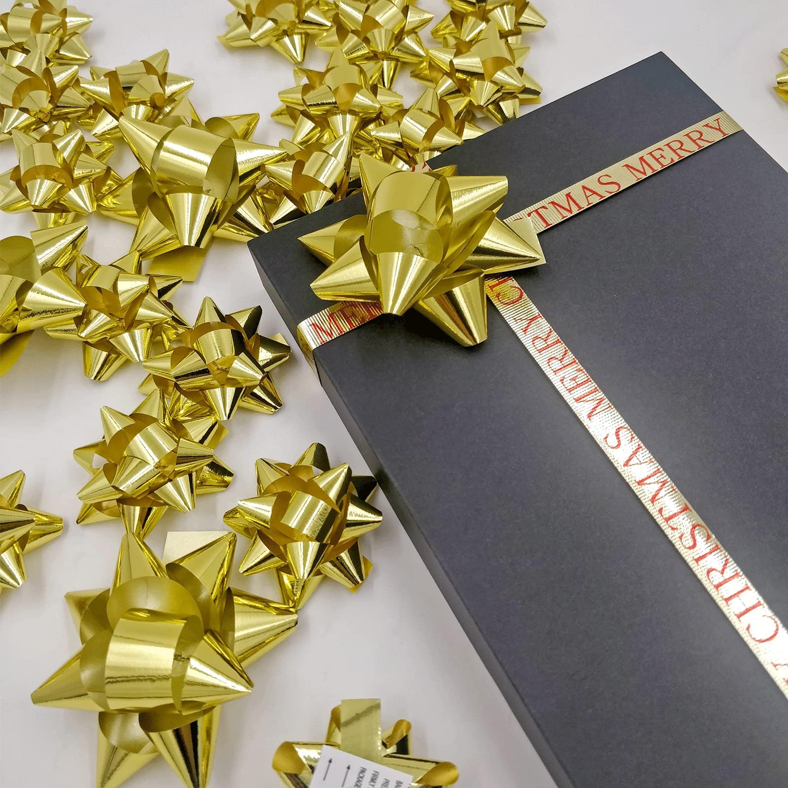 elify 80pcs Gold Mini Gift Bow- 2" 3" Inch Metallic Star Bow Small Tiny Stick On Bows for Present Holiday Christmas Birthday Party Decoration Wrapping