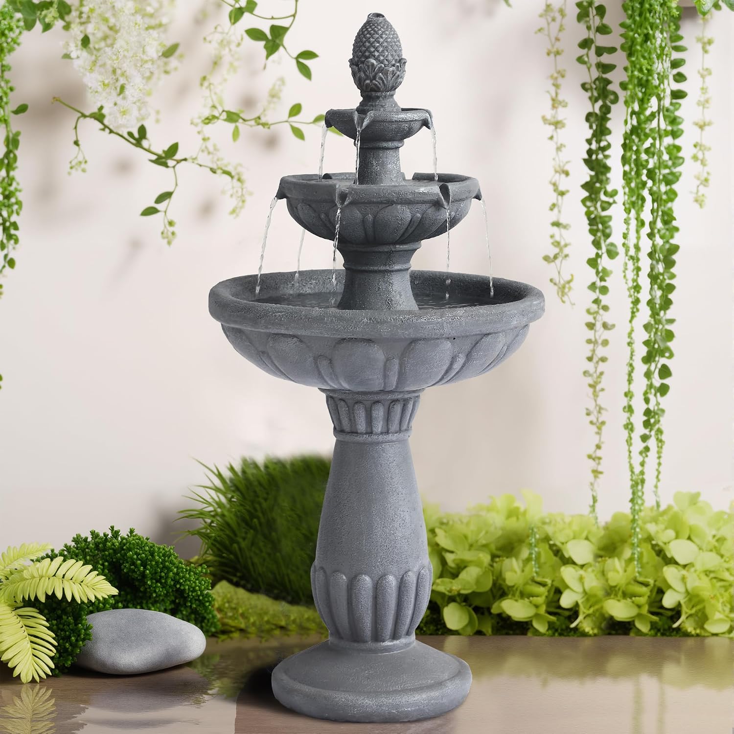 3 Tiered Outdoor Waterfall Fountains, Pineapple Top Water Fountain, Floor Garden Waterfalls Outside, Modern Cascading Flow Fountain for Garden, Yard, Patio, Home Decor