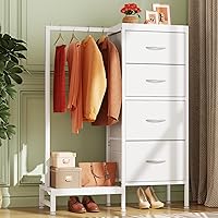 HIGDBFE 44" White Dresser with Hanging Rack & 4 Drawers - Tall Bedroom Closet Organizer for Kids, Small Spaces