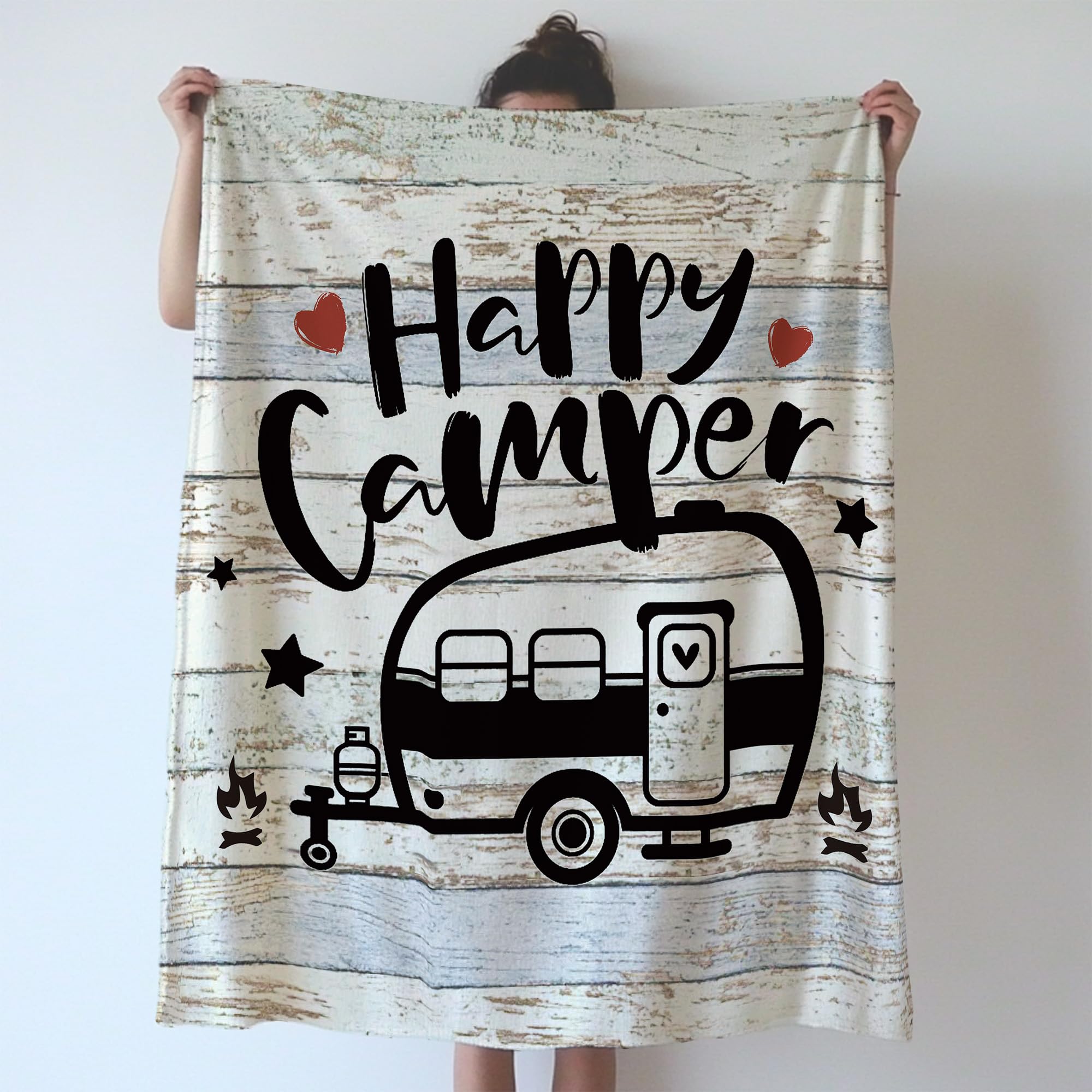 SiuSue Camper Blanket, Happy Camper Decor, Camping RV Gifts for Lovers Women, Rustic Farmhouse Camping Flannel Throw Blanket for Couch Bed, 50x60 Inch