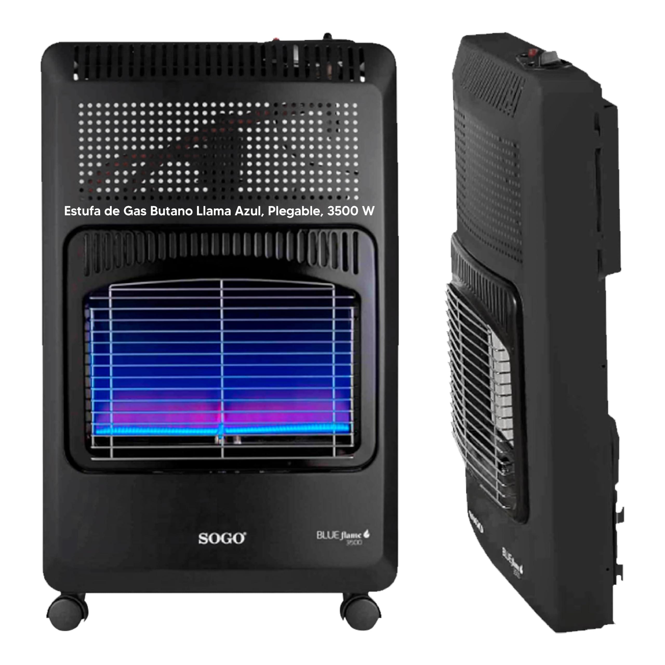 Sogo Estufa de Gas Butano Llama Azul Plegable para Almacenamiento - Estufa de Gas Butano 2 Potencias con Triple Sistema de Seguridad y 5 Ruedas – Estufa Llama Azul Bombonas 13Kg - 3500W Potencia