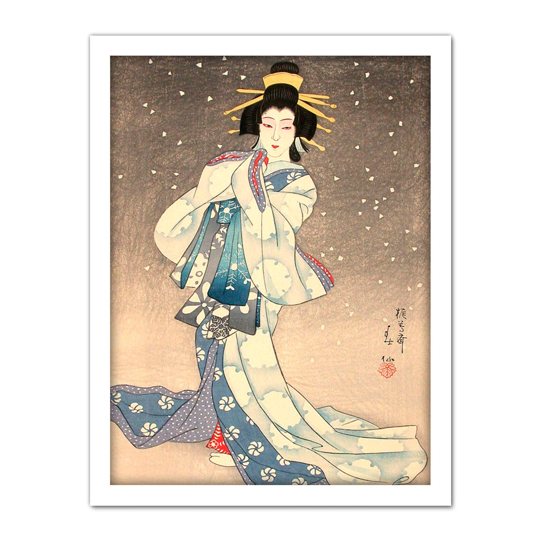 Wee Blue Coo Natori Shunsen Japanese Kabuki Theatre Geisha Artwork Framed Wall Art Print 18X24 Inch