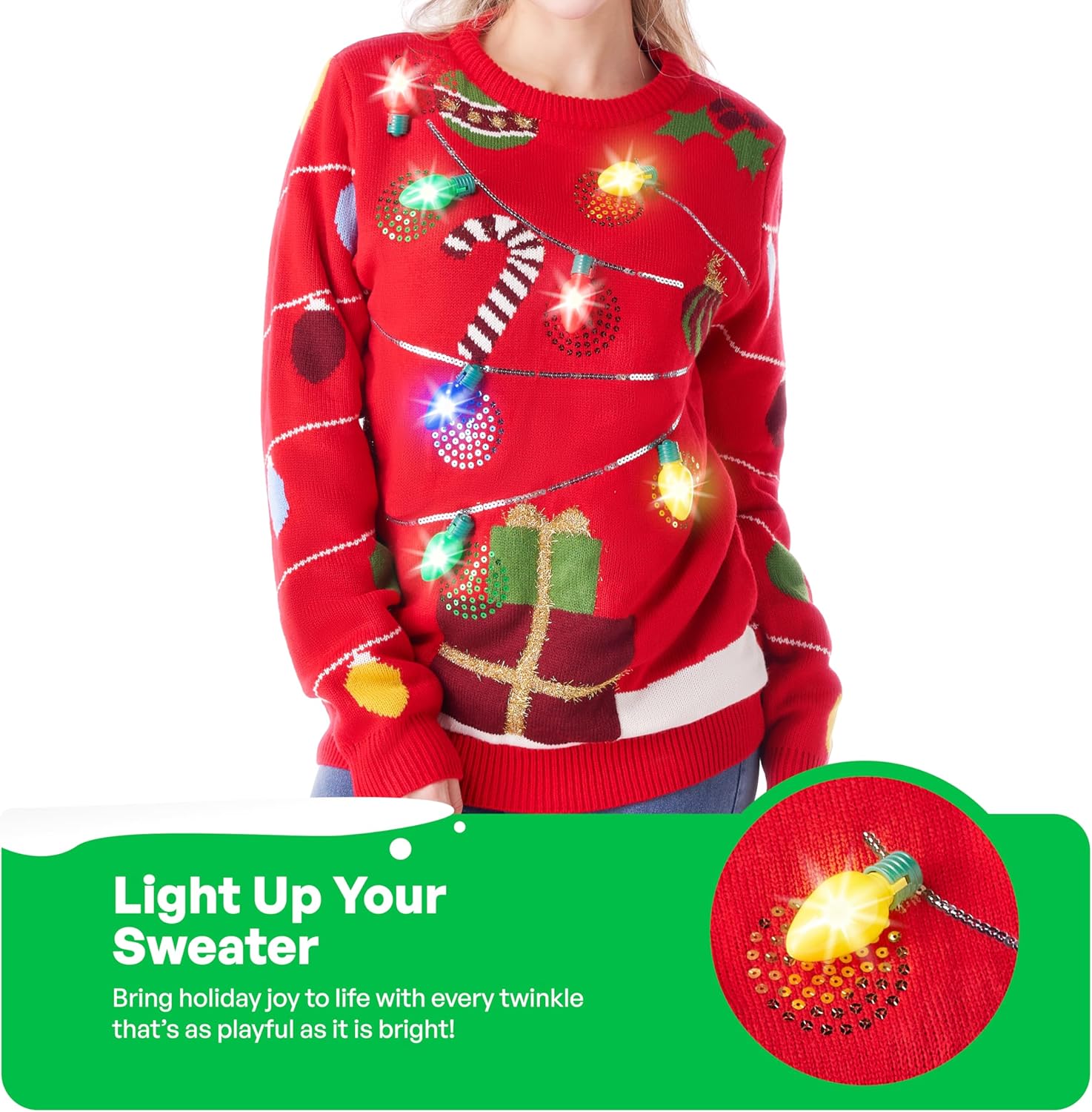 JOYIN Ugly Christmas Sweater Women Men Couples, LED Light Up Ugly Christmas Sweater Kids 2025 String Lights(Red - Image 3