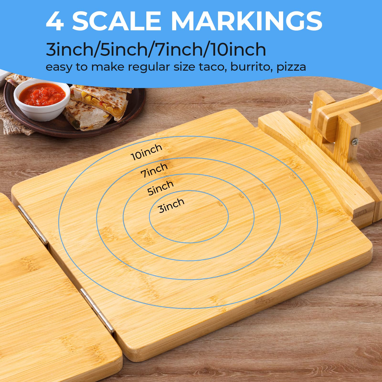 Prensa de tortilla de madera mejorada 2025 de 10 pulgadas, grande, con rodillo y 50 piezas de papel pergamino, para tortilla casera, roti, chapati, taco, pataconera, burritos