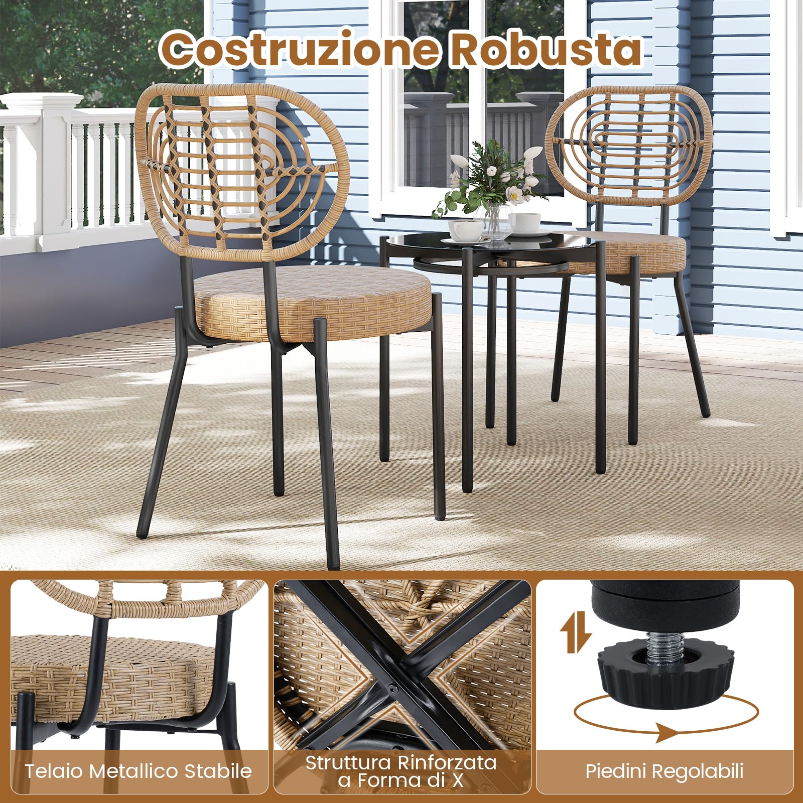 COSTWAY Set da Bistro da Esterno in 3 Pezzi con Vimini PE, Set Conversazione da Patio con Tavolino da Caffè in Vetro Temperato e Sedie in Rattan, Mobili per Esterni per Balcone, Terrazza e Giardino