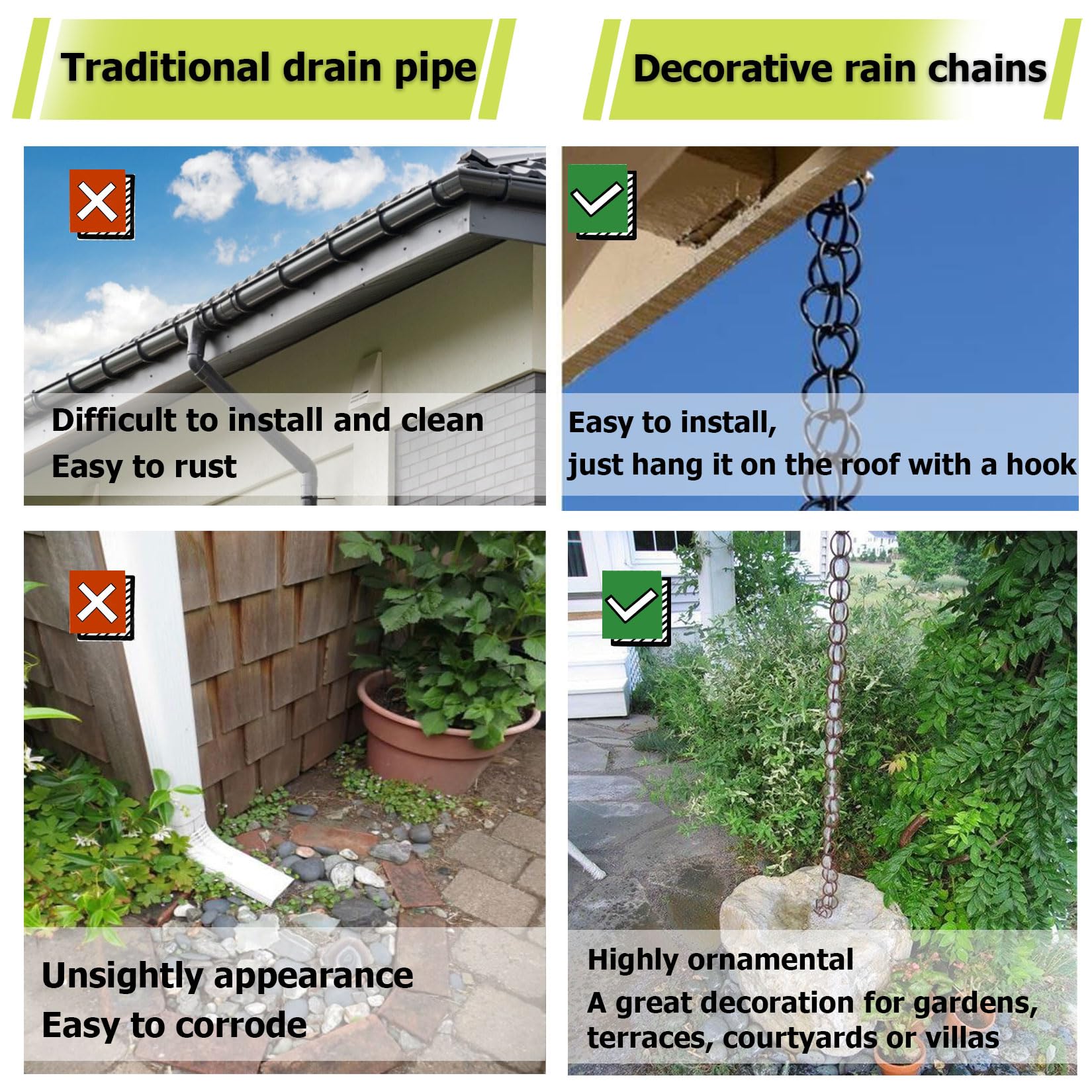 Catene Antipioggia per Grondaie,Catena Antipioggia per Grondaie,Drenaggio ad Alta Efficienza,Pratica ed Elegante,Ricambio Perfetto per Pluviali,Per Giardino Casa Gazebo Esterno Tettoia Copertura 8ft