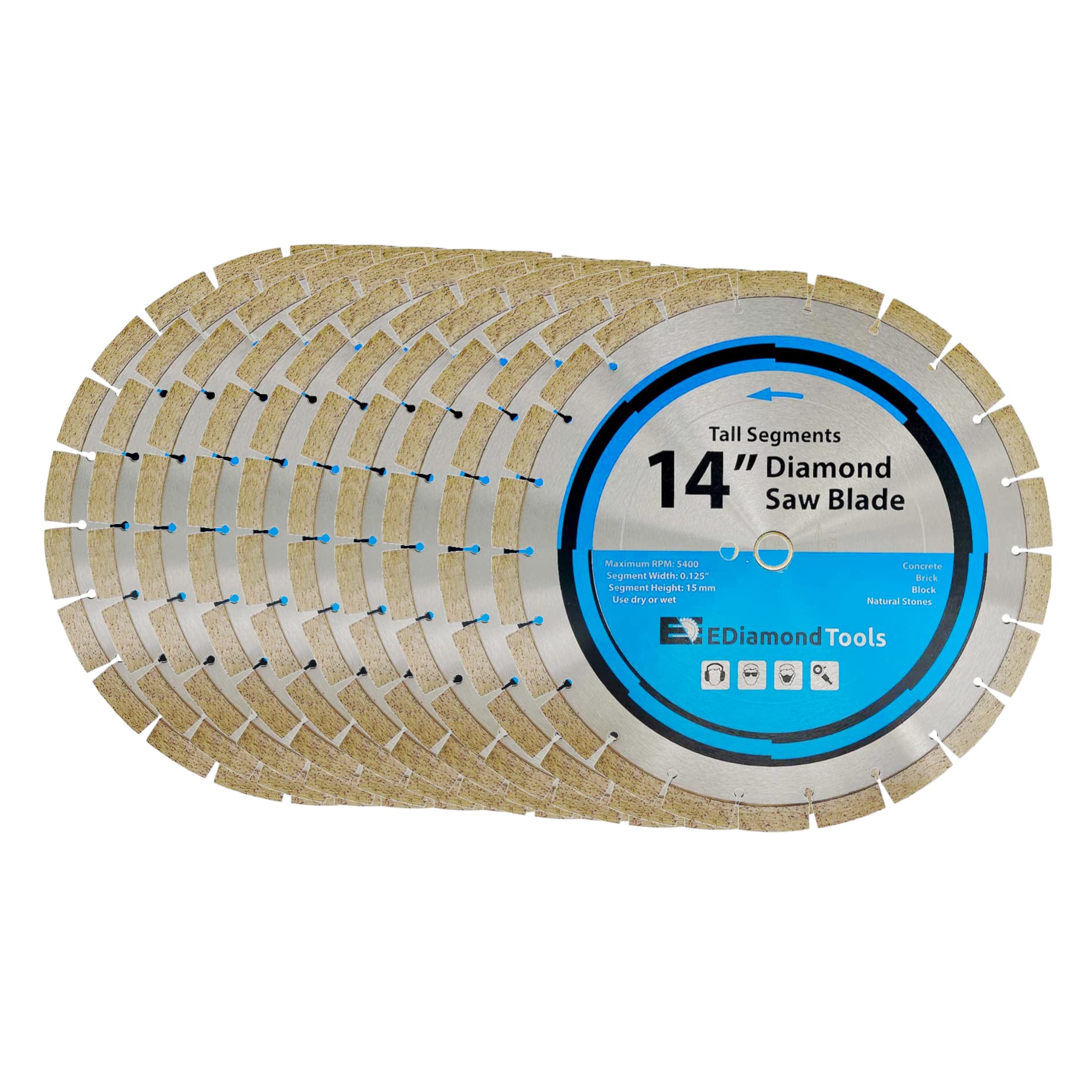 14" Segmented Diamond Saw Blade for Concrete, Brick, Block and Masonry, 15mm Segment Height, 1" Arbor, 10-Pack