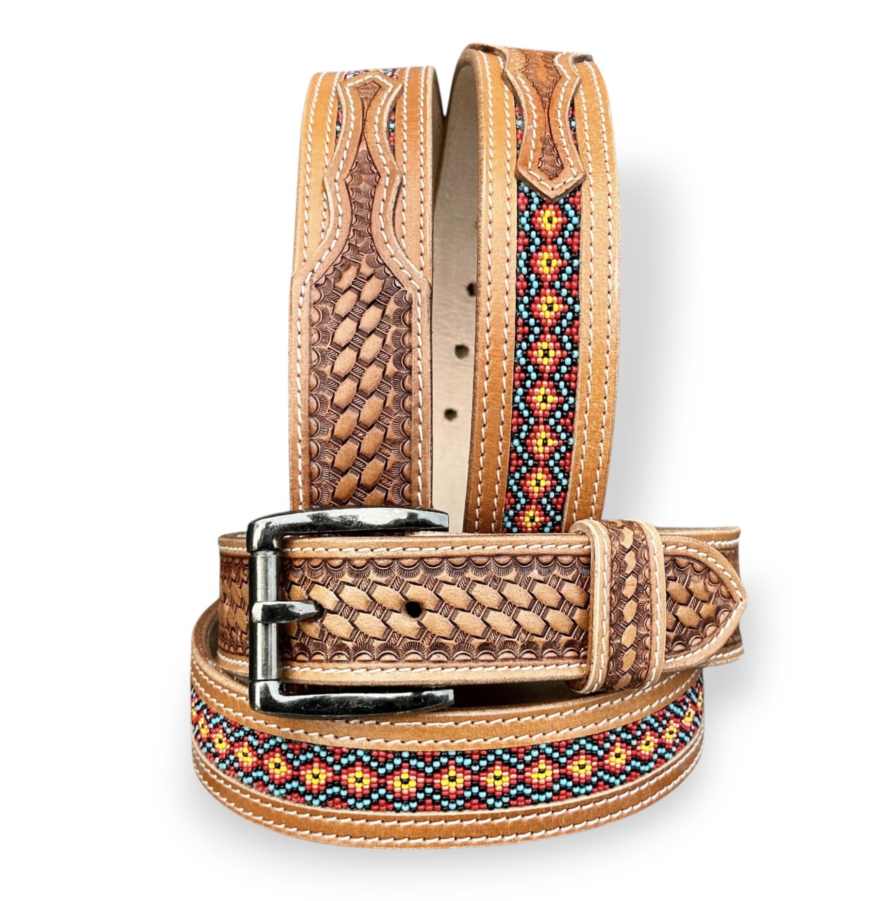 DANIEL'S ARTPLANET Western Belt for Men Handmade Full Grain Leather Beaded Tooled Cowboy Belt with Removable Buckle 1.5”