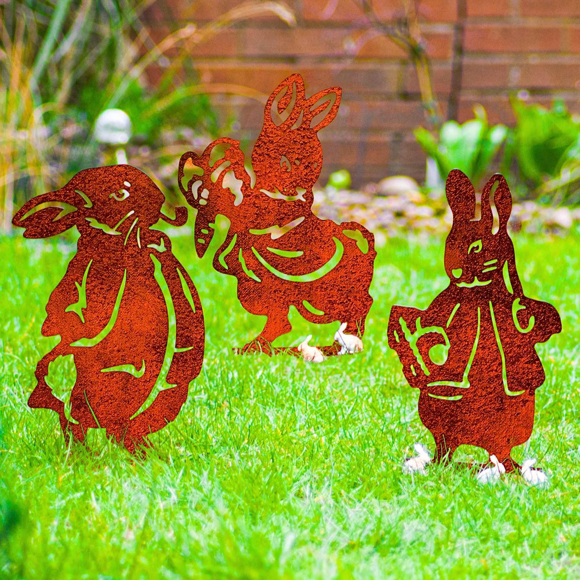 LOGI 3 Rabbits Garden Stakes Set - Easter Bunny Spike Metal Lawn Decor White Rabbit Yard Art Hare Garden Ornament Statue for Pot Planter Flower Bed (Natural)