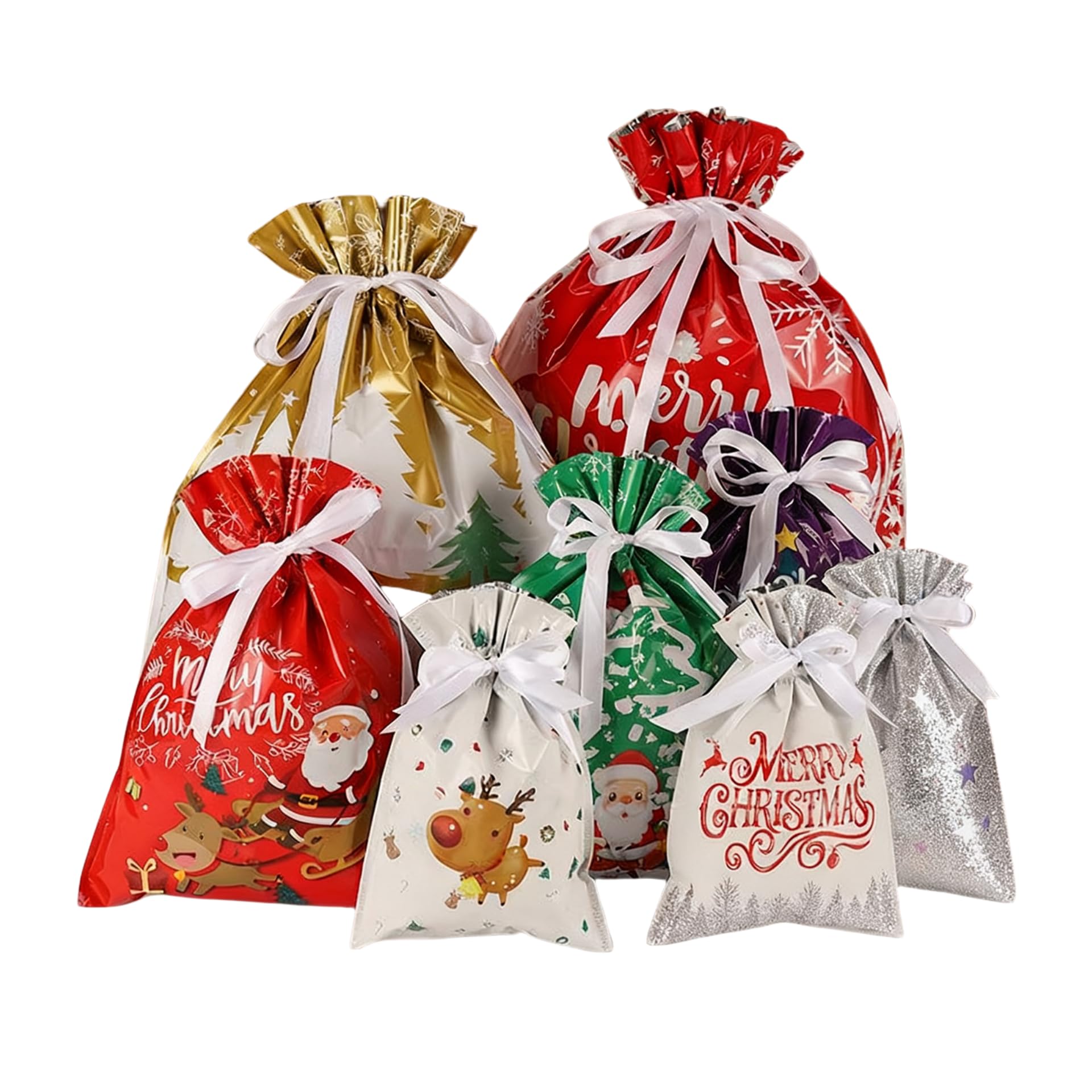 24Pcs Christmas Wrapping Gift Bags, 4 Sizes 8 Designs Drawstring Xmas Gift Bags for Presents, Party, Holiday