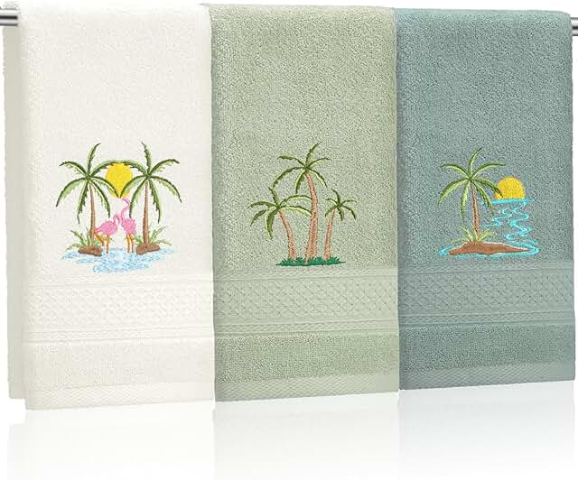3 Pack Summer Palm Tree Hand Towels for Bathroom 100% Cotton Embroidered...