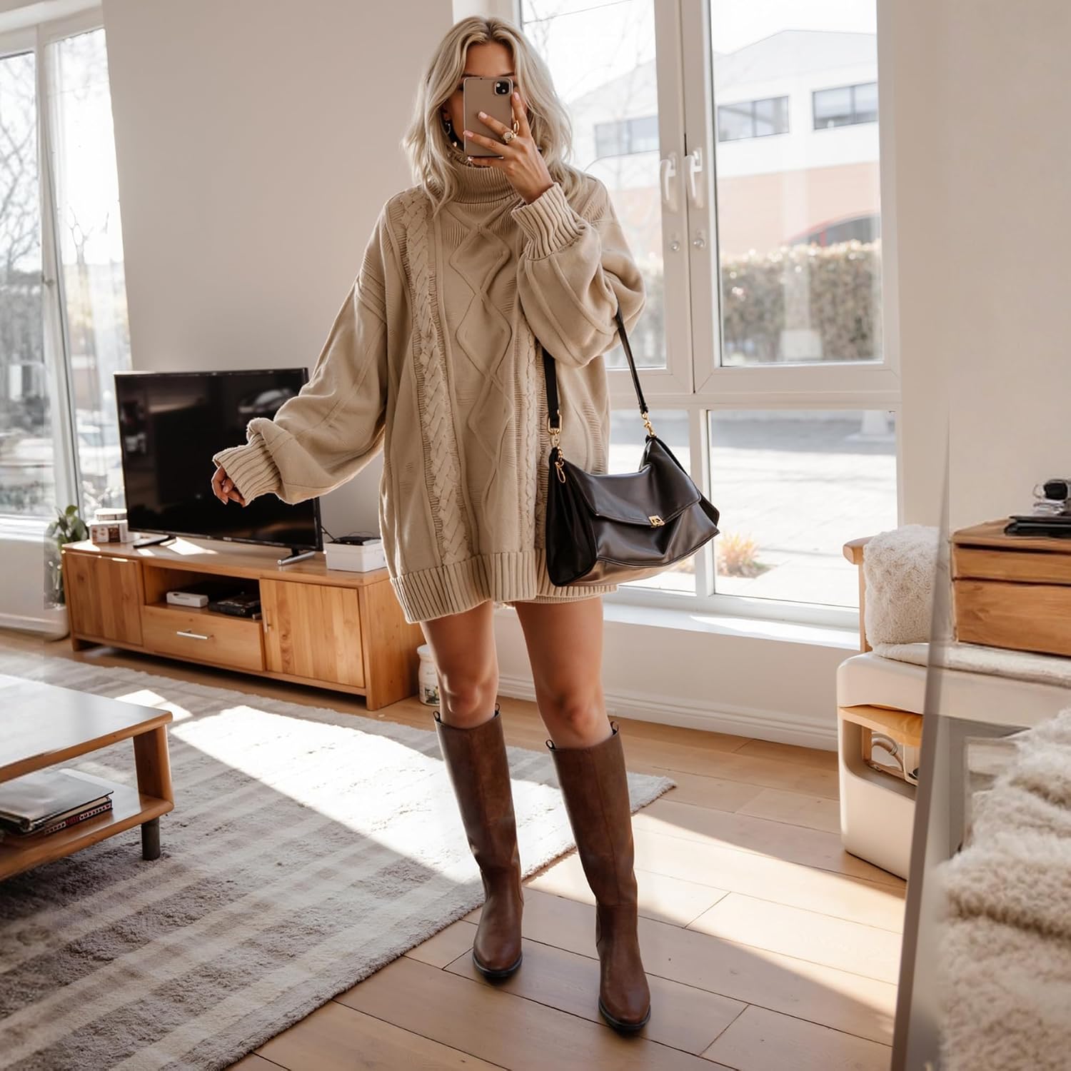 Modatope Knee High Boots Women Rounded Toe Flat Retro Bais Opening Low Chunky Heel Riding Boots