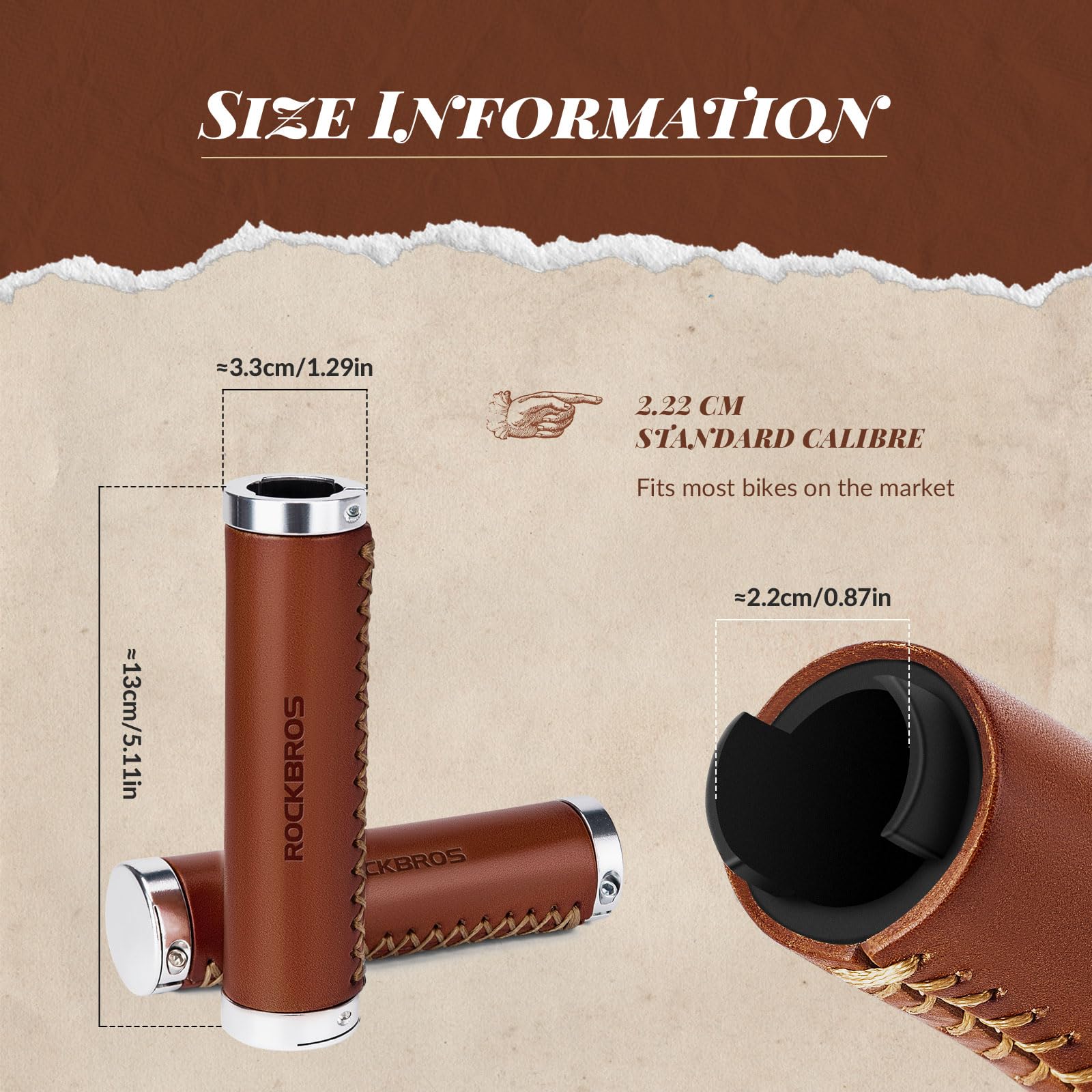 ROCKBROS Poignées Ergonomiques pour Vélo VTT, Poignée de Guidon Vélo avec Embouts, Poignées de Vélo Antidérapantes Vintage pour VTT VTC, Diamètre 2,22 cm Longueur 13 cm 13,5 cm 14 cm