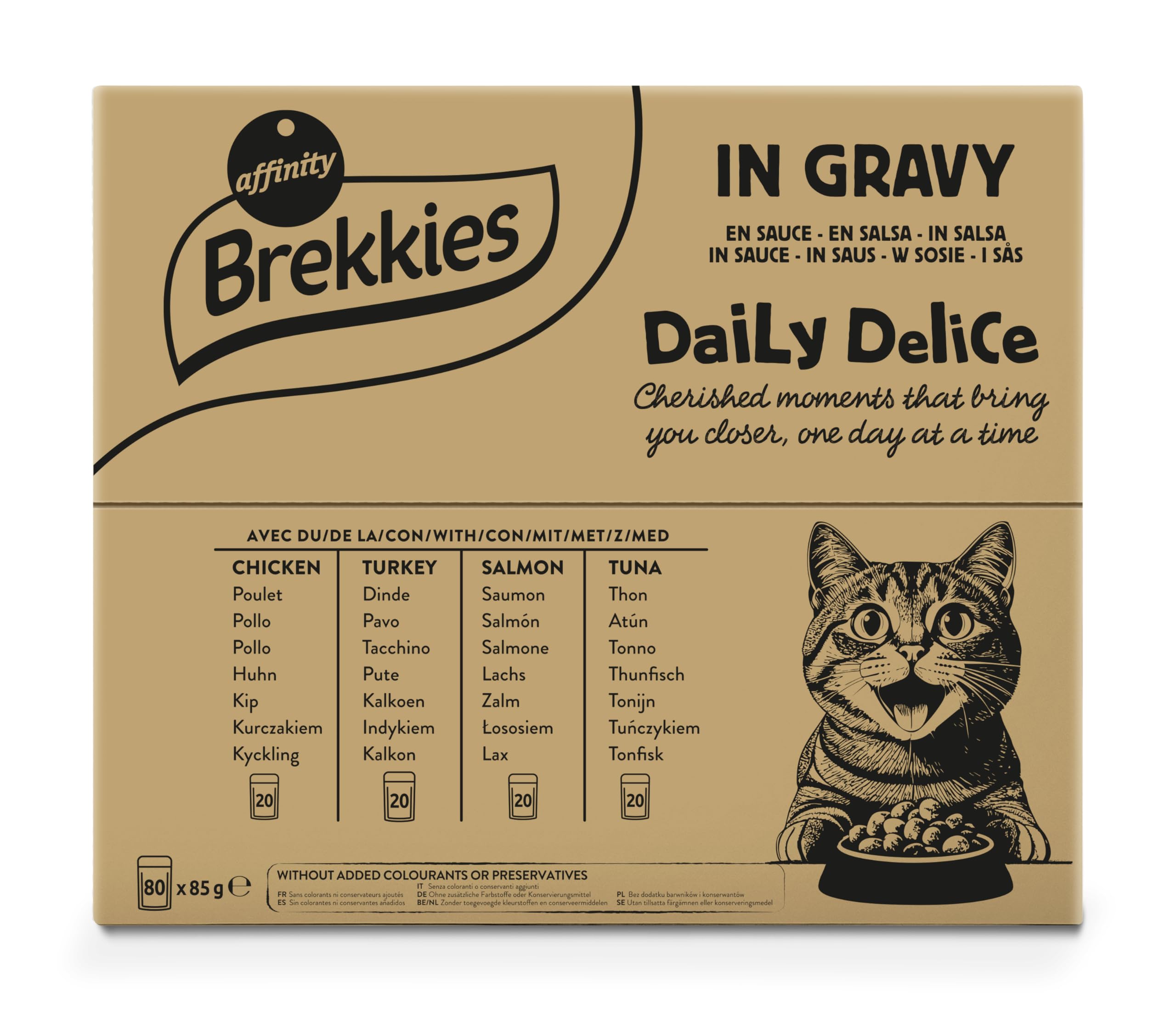Brekkies Daily Delice Comida Húmeda para Gatos Bocaditos en gelatina (Pollo, Pavo, Salmón y Atún) - Jumbo Pack de 80 x 85g