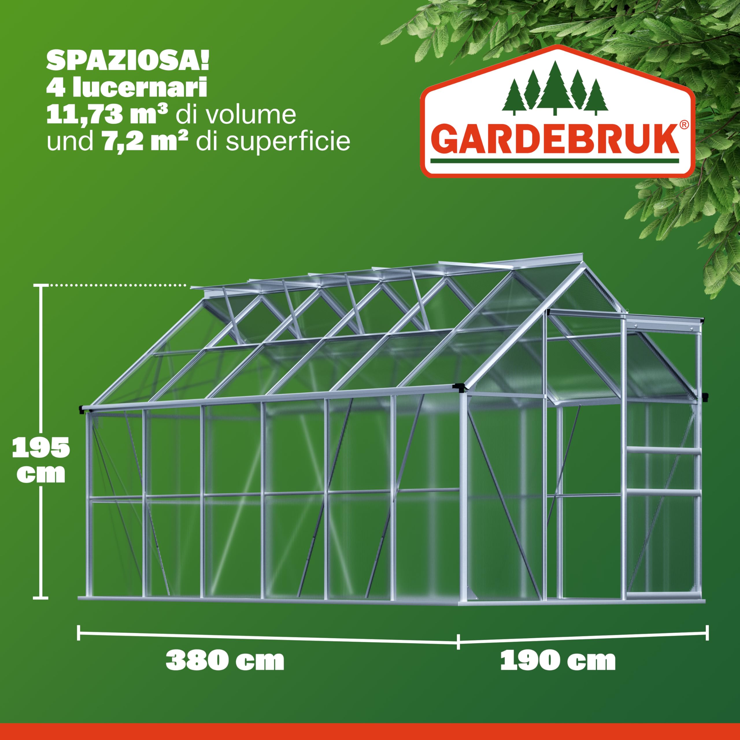 GARDEBRUK® Serra da Giardino in Alluminio 7,2m² 380x190cm incl. 4 Lucernari Coltivazione Orto per Piante Giardinaggio 11,73m³