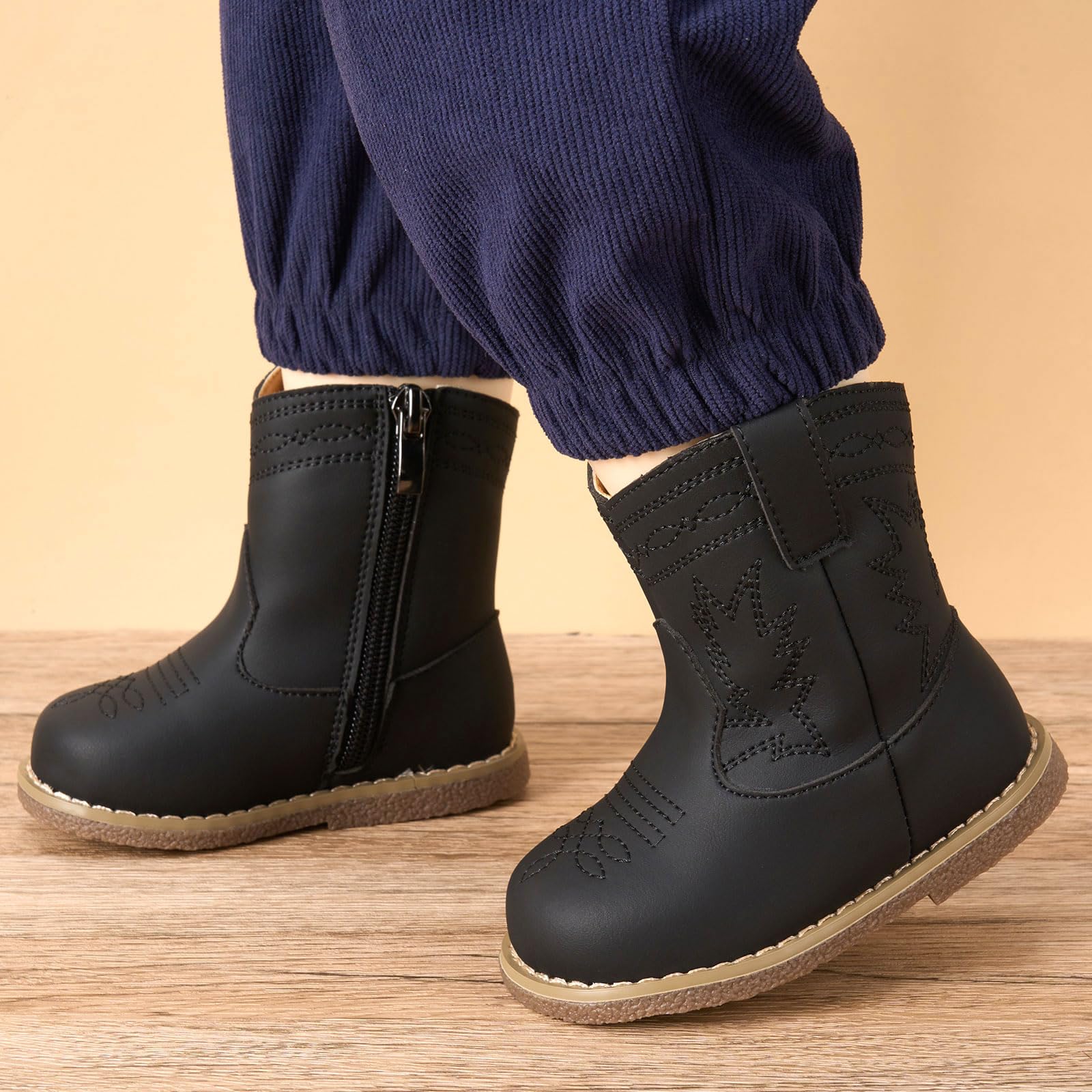 Newsonet Baby Cowgirl Cowboy Boots Western First Walker Shoes Boys Girls Round Toe Boots 6 9 12 18 24 Months All Seasons Black Size 12-18 Months Toddler