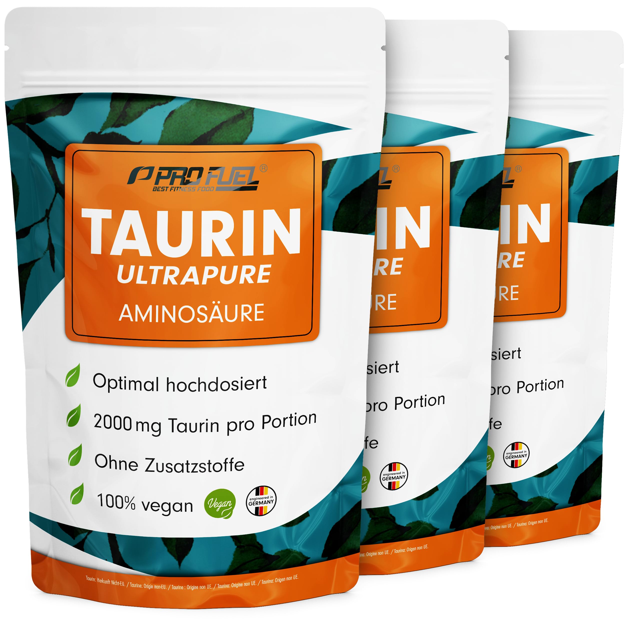 Taurin Pulver 3kg - mit 2000 mg Taurin pro Tagesportion - Taurin Ultrapure mit über 99,9% Reinheit - ohne Zusatzstoffe - laborgeprüft mit Zertifikat - 3x 1kg Taurin-Pulver