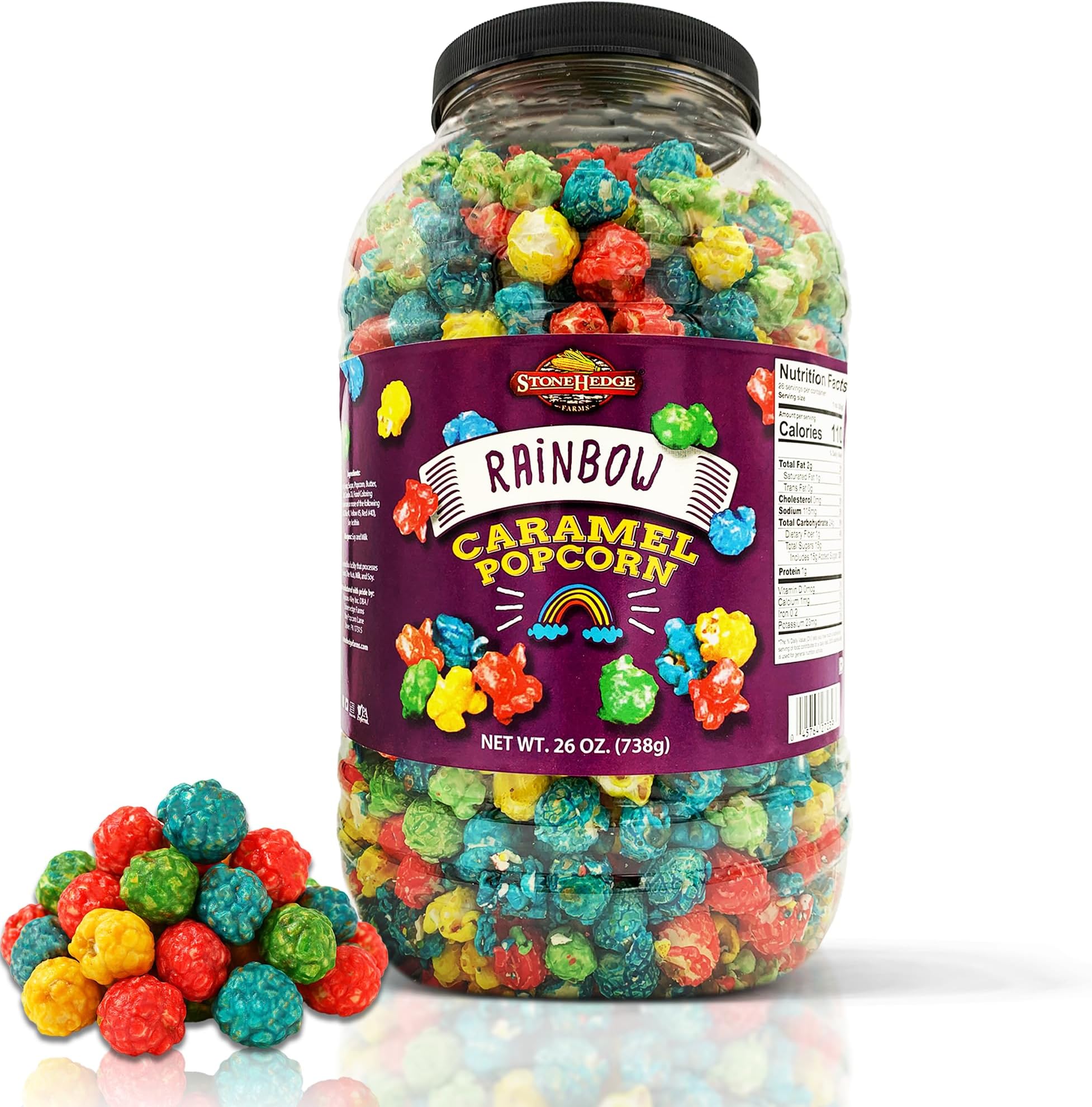 Stonehedge Farms Rainbow Caramel Flavored Popcorn | 26 oz Large Tub l | Red, Yellow, Green and Blue | Colorful Gourmet Carmel Popped Pop corn | Bulk Shareable Gift