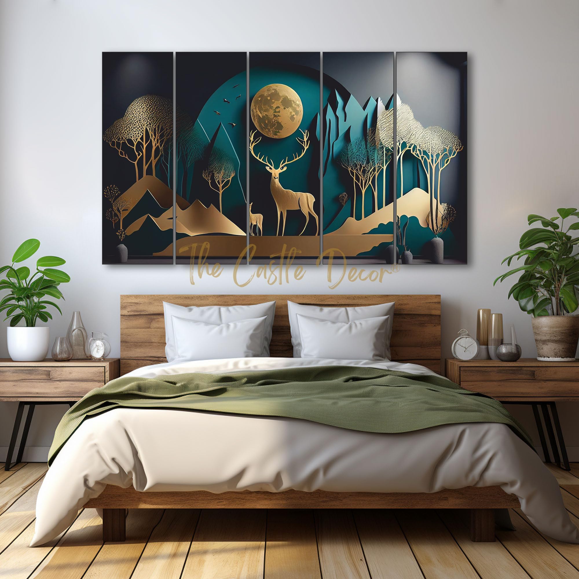 The Castle Decor Golden Deer Wall Painting for Living Room Big Size - Deer Wall Painting for Bedroom, Office, Drawing Room, Hotel - Elegant Wall Decor Art for Home Decoration, Gifting (27x48 inch)
