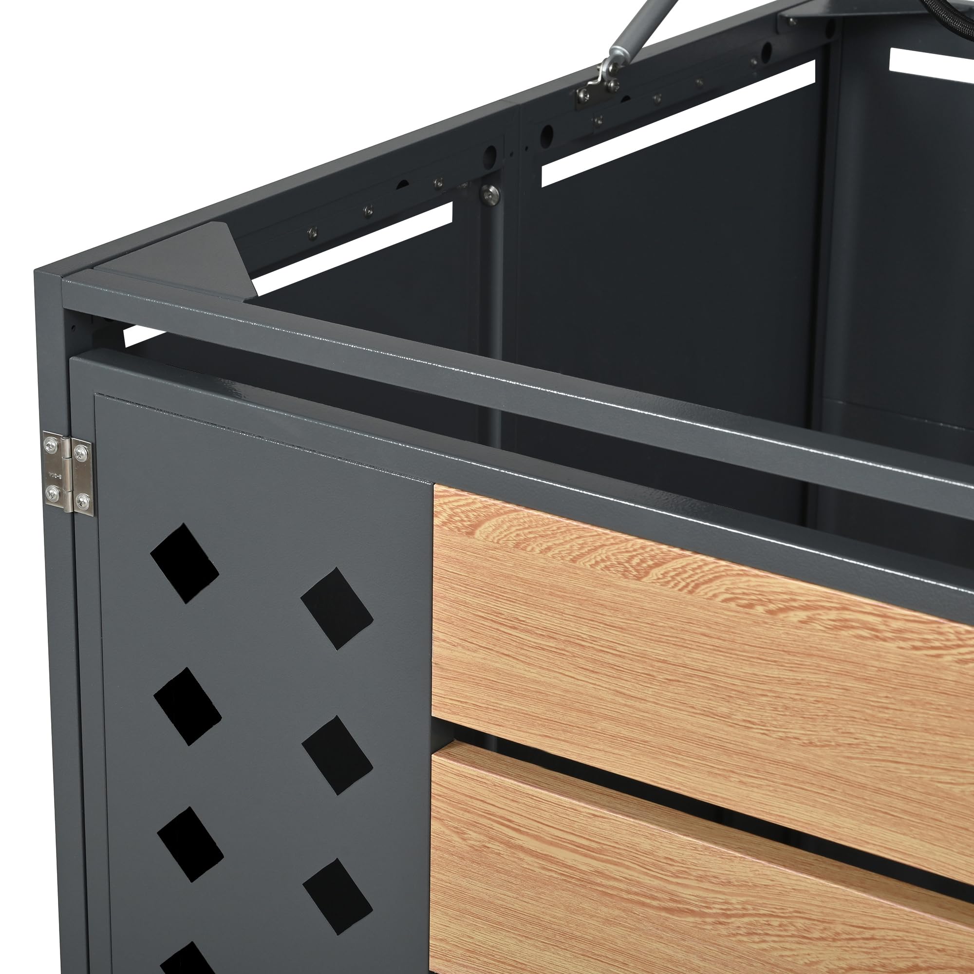 Box per bidoni della spazzatura, 2 pezzi, con effetto legno, strisce trasparenti e coperchio ribaltabile, fino a 240 l, richiudibile, in acciaio zincato, foro diamantato, scatola della spazzatura da